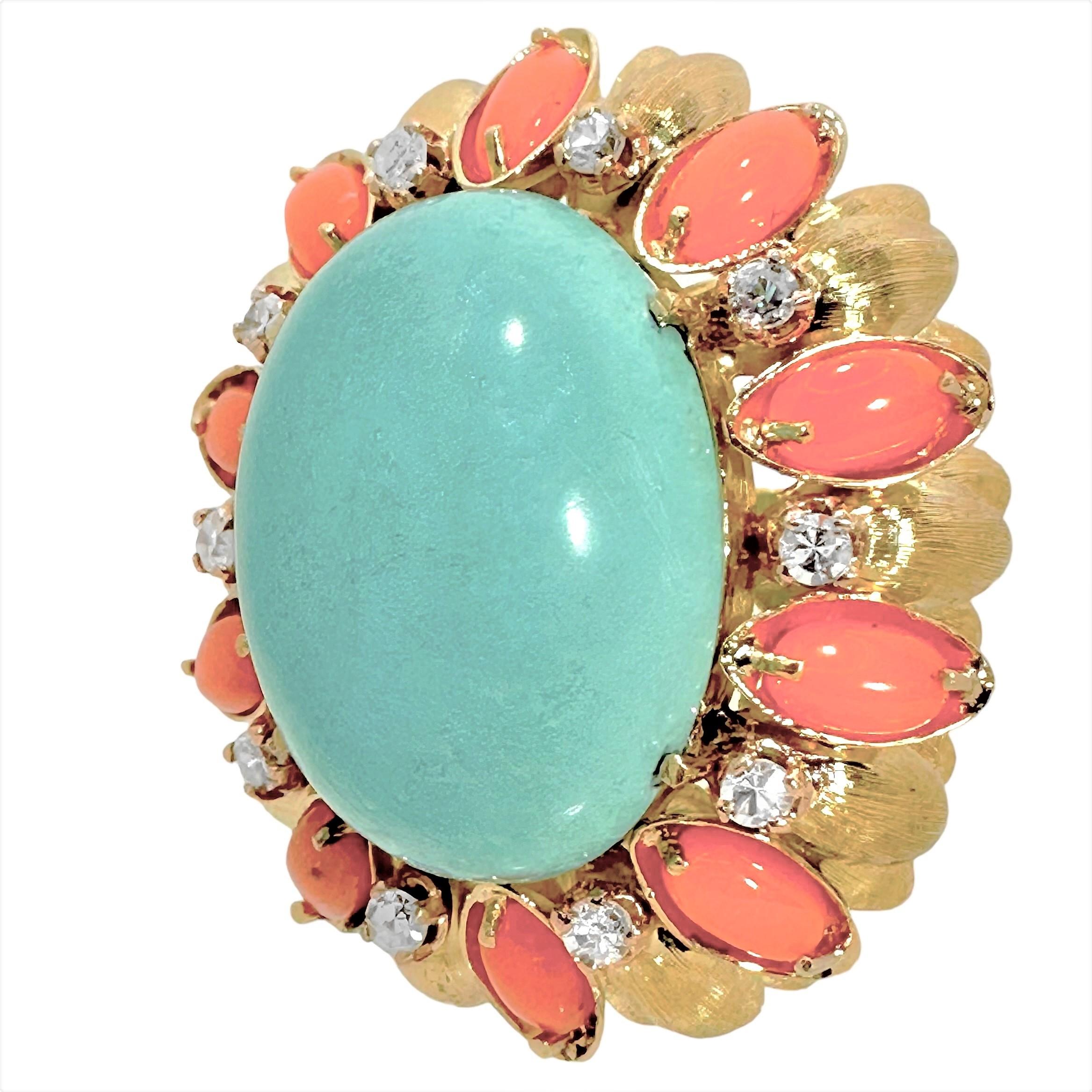 Women's Large Scale Mid-20th Century 18K Yellow Gold, Coral, Turquoise and Diamond Ring