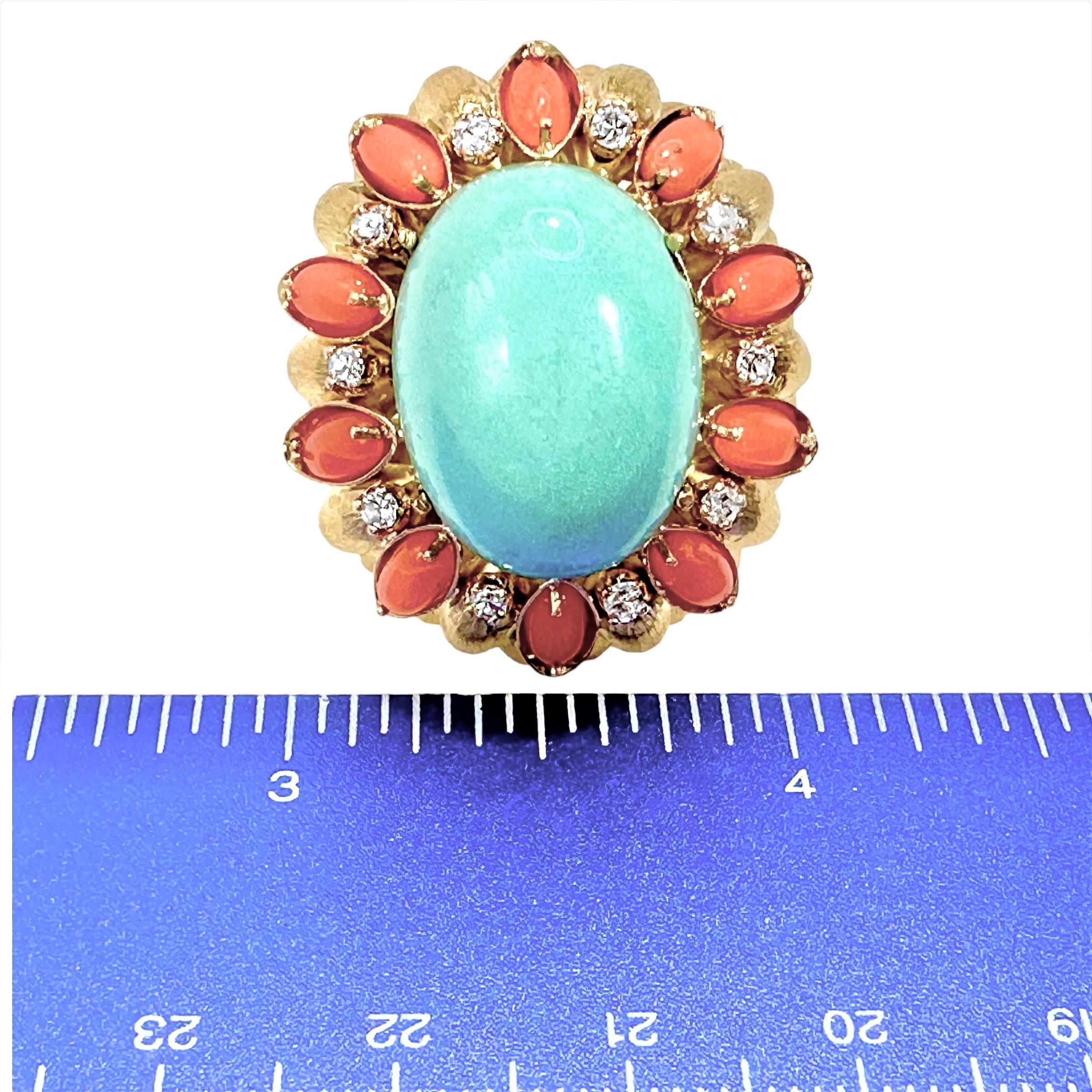 Large Scale Mid-20th Century 18K Yellow Gold, Coral, Turquoise and Diamond Ring 1
