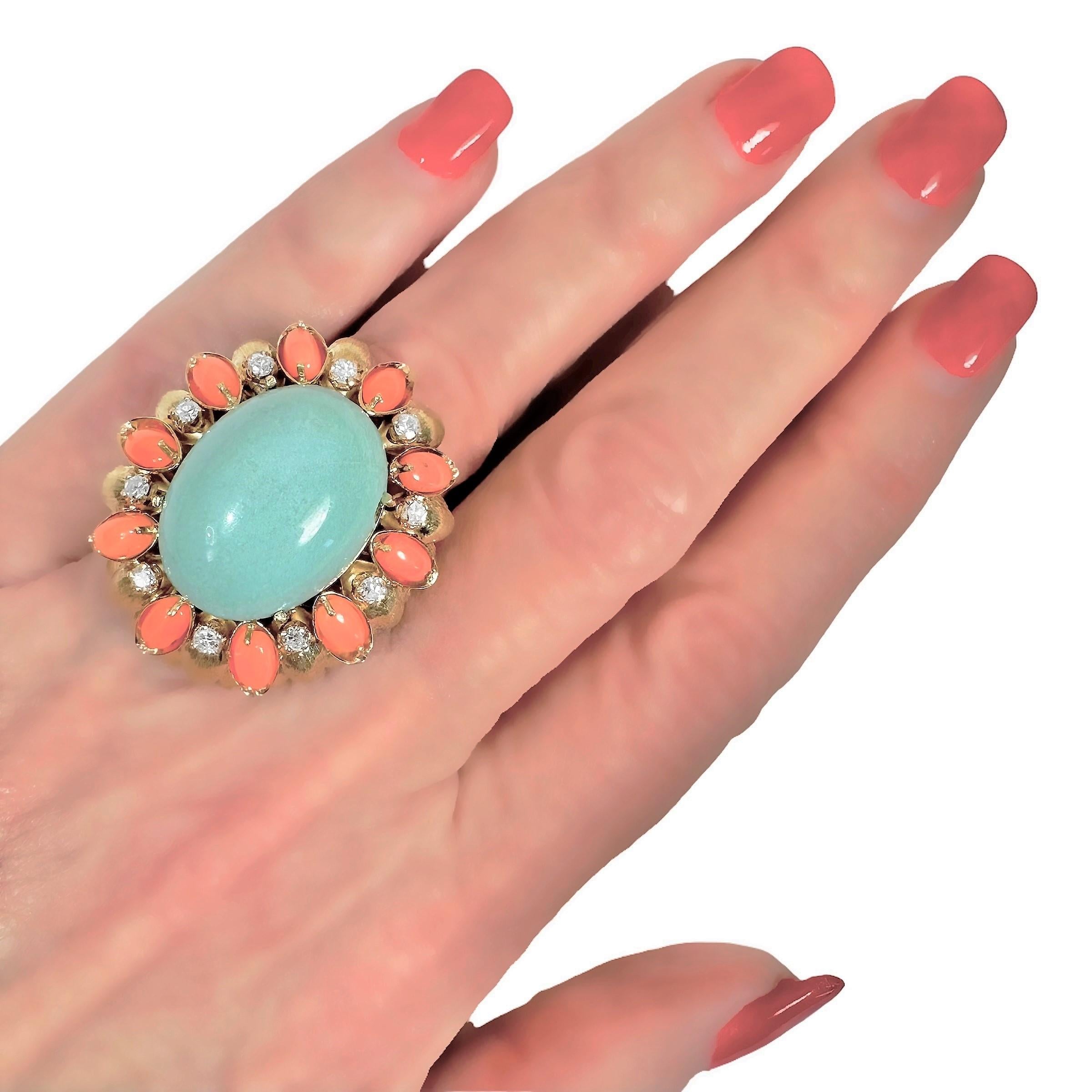 Large Scale Mid-20th Century 18K Yellow Gold, Coral, Turquoise and Diamond Ring 3
