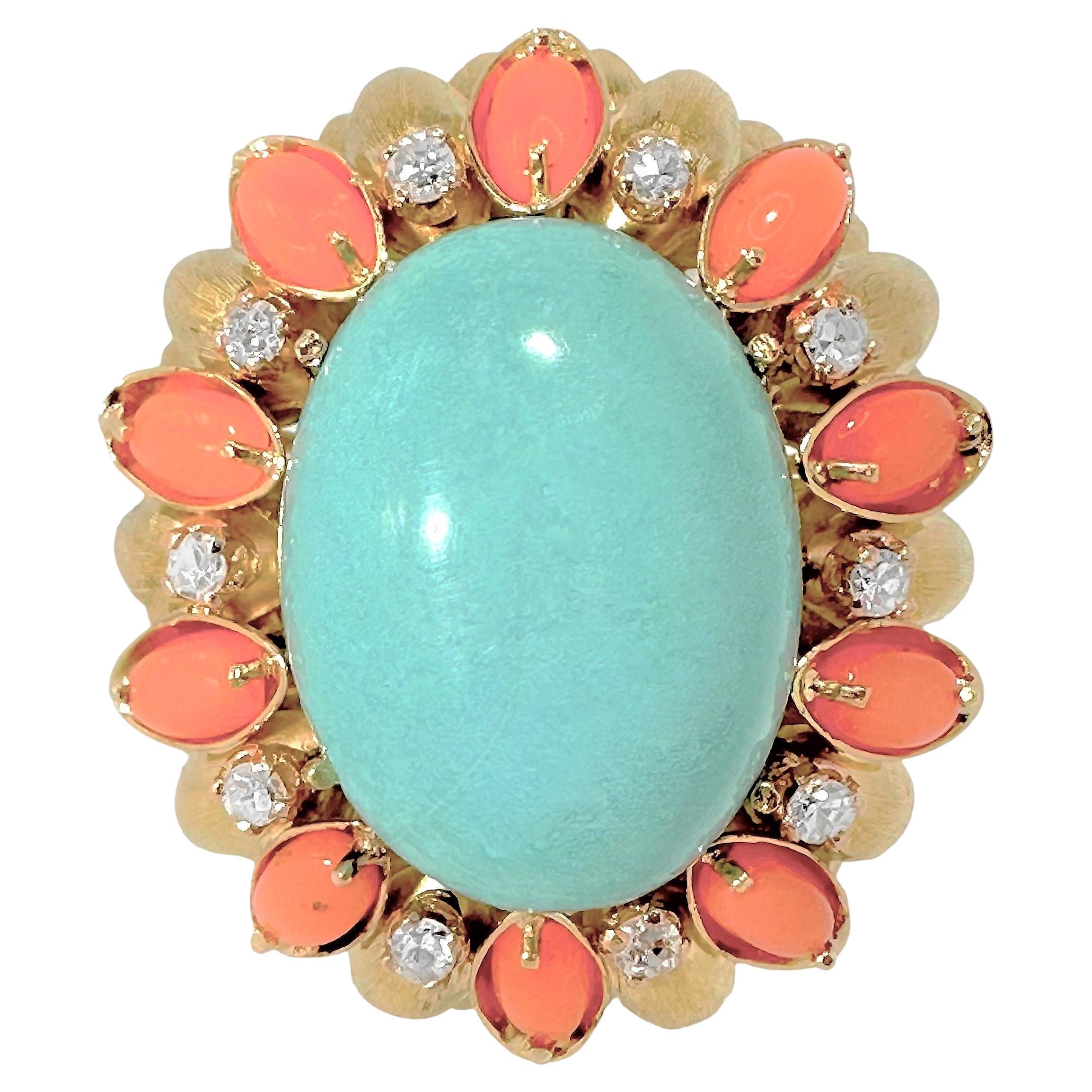 Large Scale Mid-20th Century 18K Yellow Gold, Coral, Turquoise and Diamond Ring