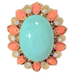 Large Scale Mid-20th Century 18K Yellow Gold, Coral, Turquoise and Diamond Ring