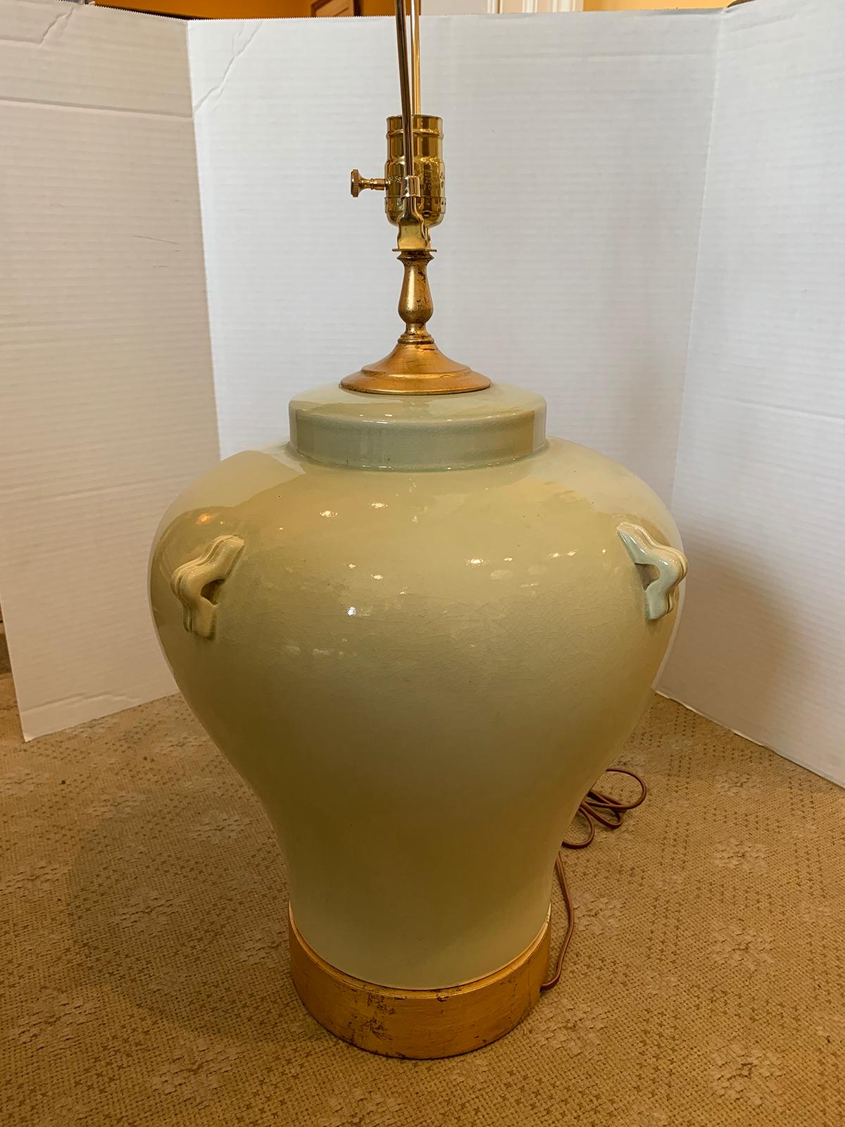 Large Scale Mid-20th Century Celadon Pottery Lamp on Custom Giltwood Base For Sale 6