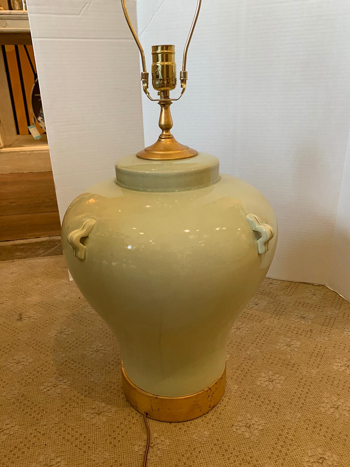 Large Scale Mid-20th Century Celadon Pottery Lamp on Custom Giltwood Base For Sale 7