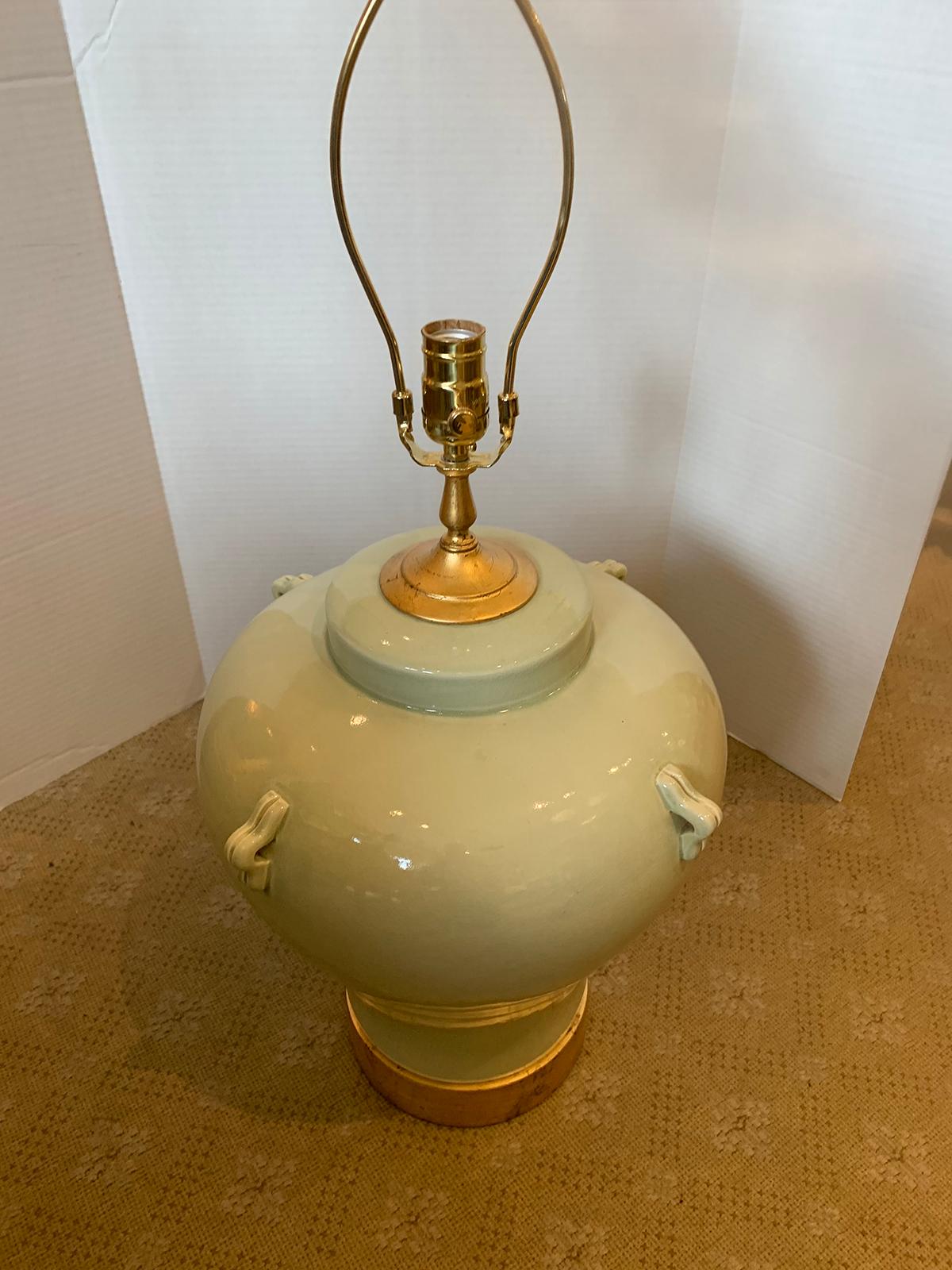 Large Scale Mid-20th Century Celadon Pottery Lamp on Custom Giltwood Base For Sale 9