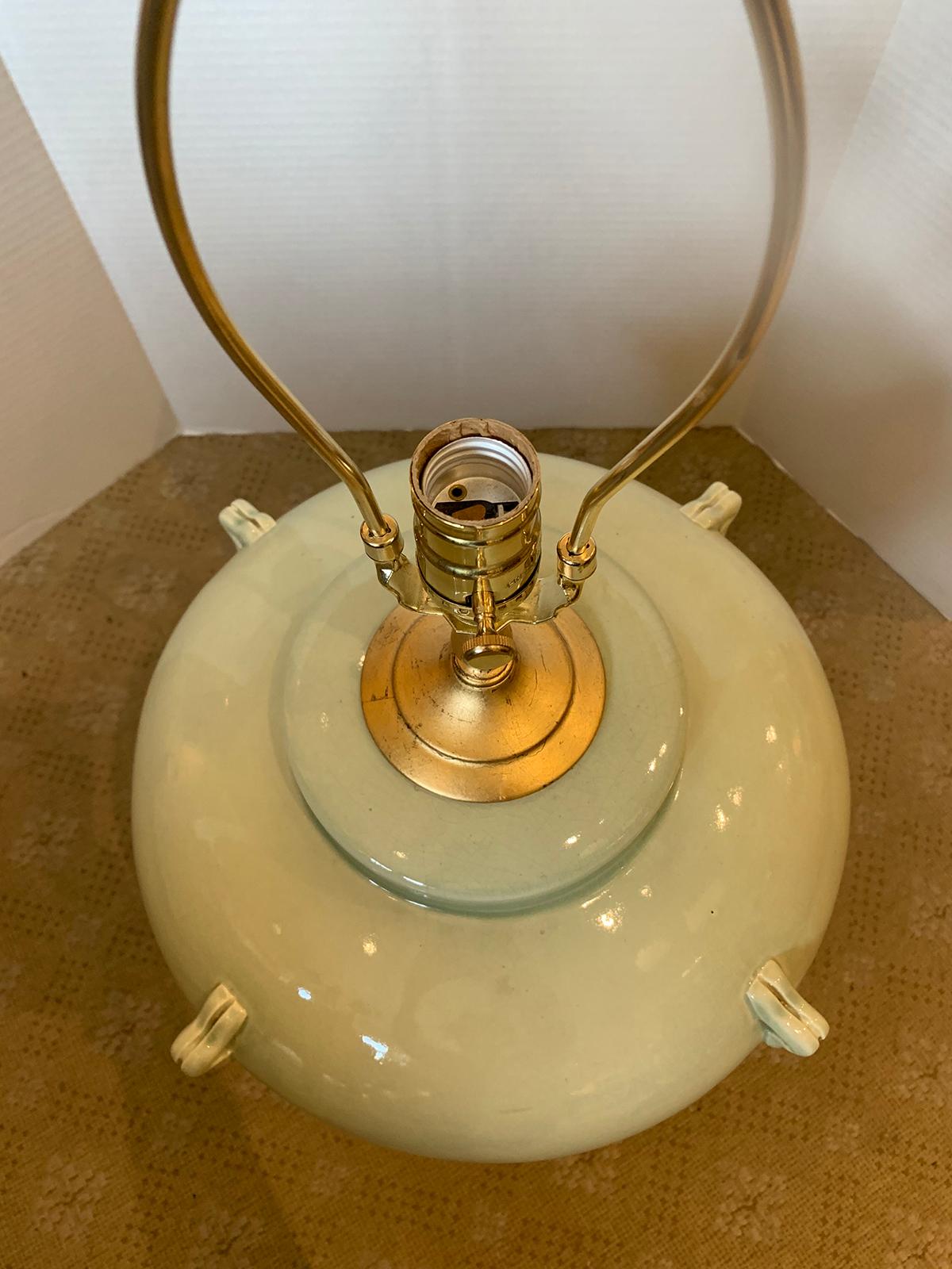 Large Scale Mid-20th Century Celadon Pottery Lamp on Custom Giltwood Base In Good Condition For Sale In Atlanta, GA