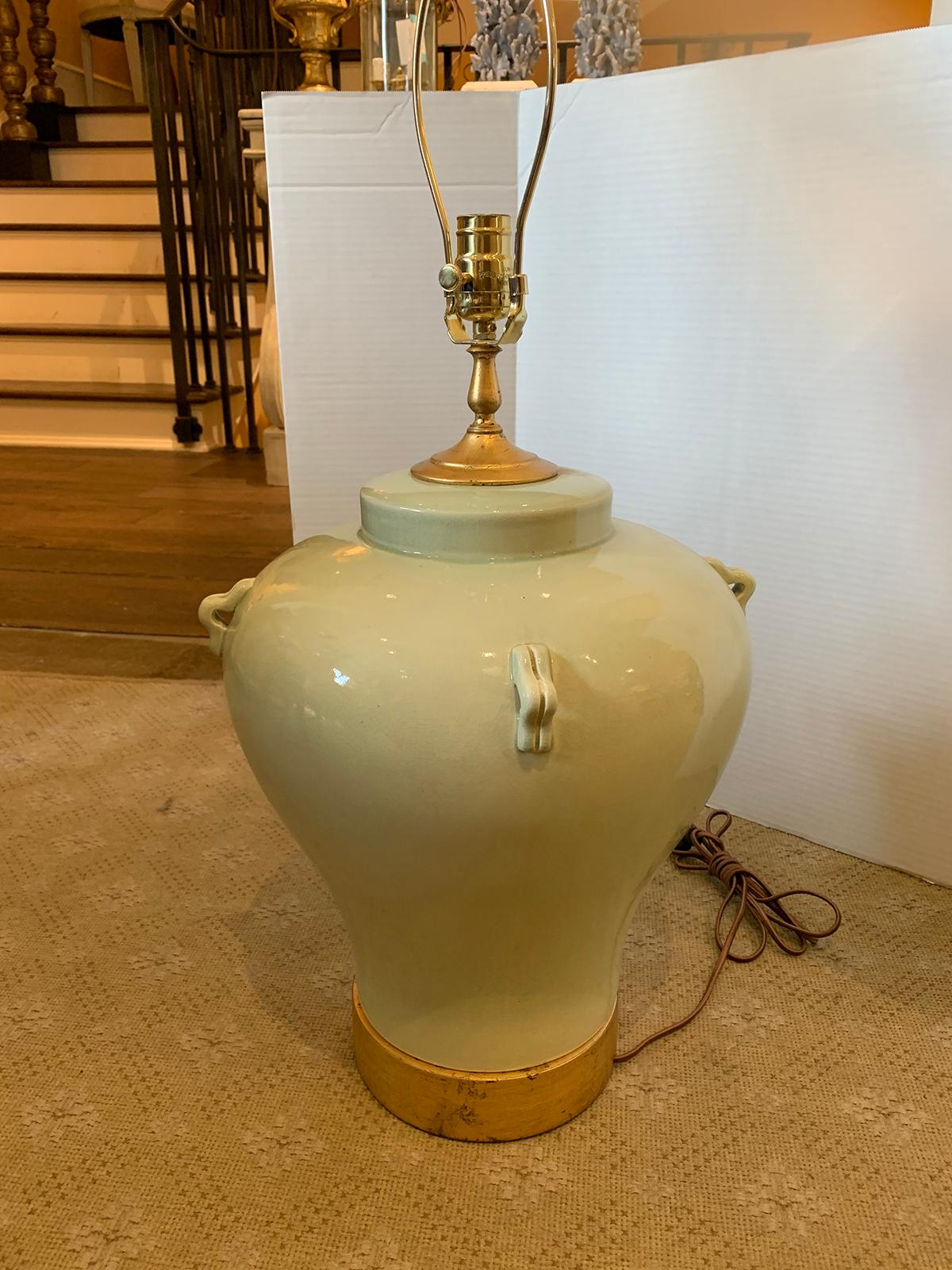 Ceramic Large Scale Mid-20th Century Celadon Pottery Lamp on Custom Giltwood Base For Sale