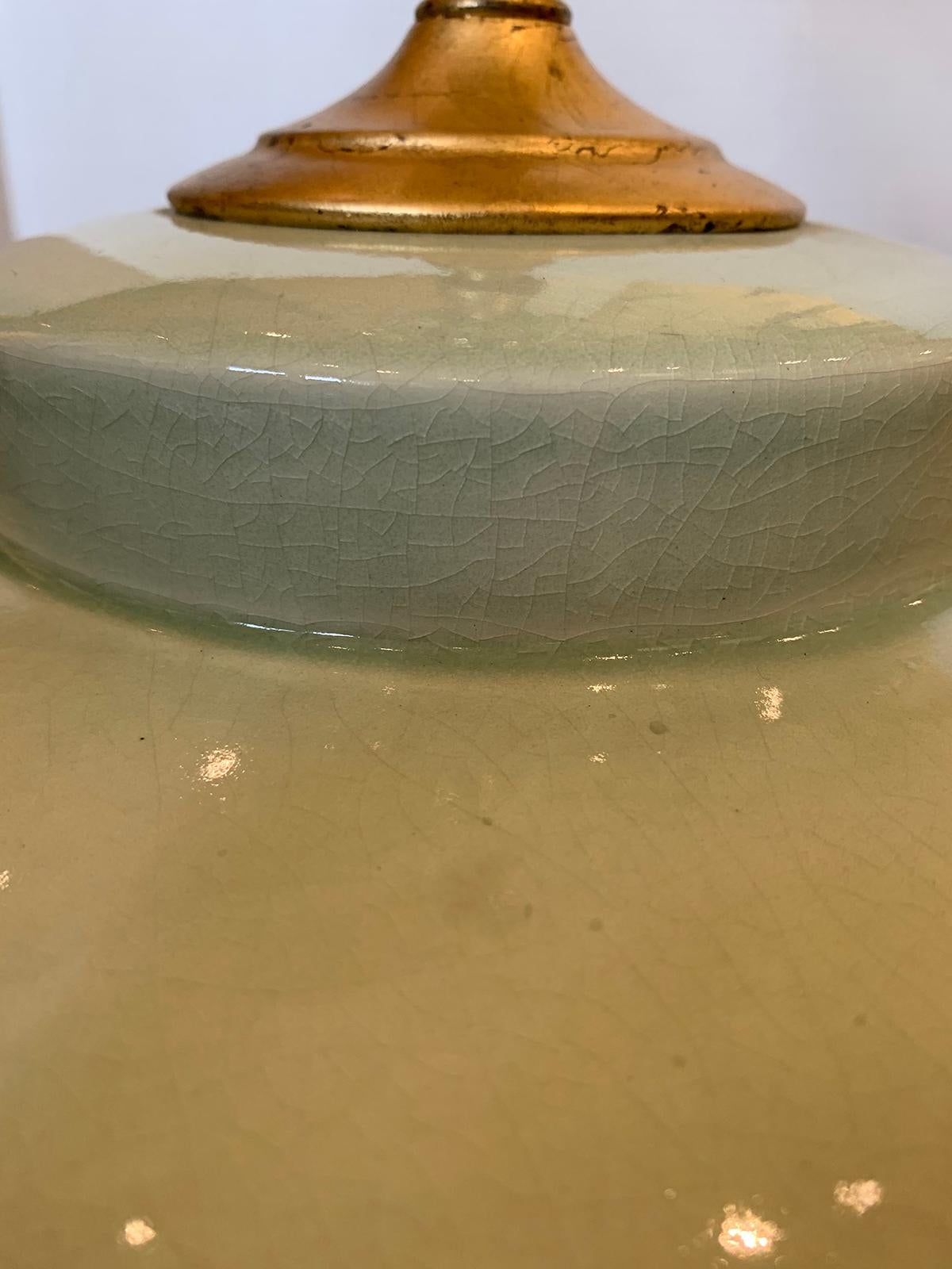 Large Scale Mid-20th Century Celadon Pottery Lamp on Custom Giltwood Base For Sale 3