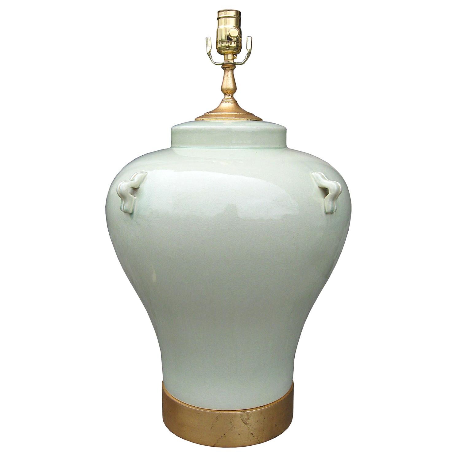 Large Scale Mid-20th Century Celadon Pottery Lamp on Custom Giltwood Base For Sale