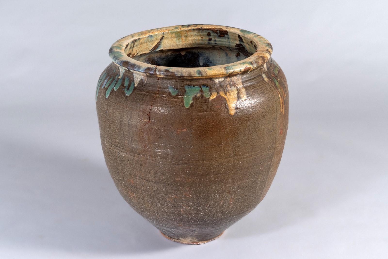 Large Scale Mid Century Boho Salt Glazed Stoneware Jardinière Planter Pot For Sale 1
