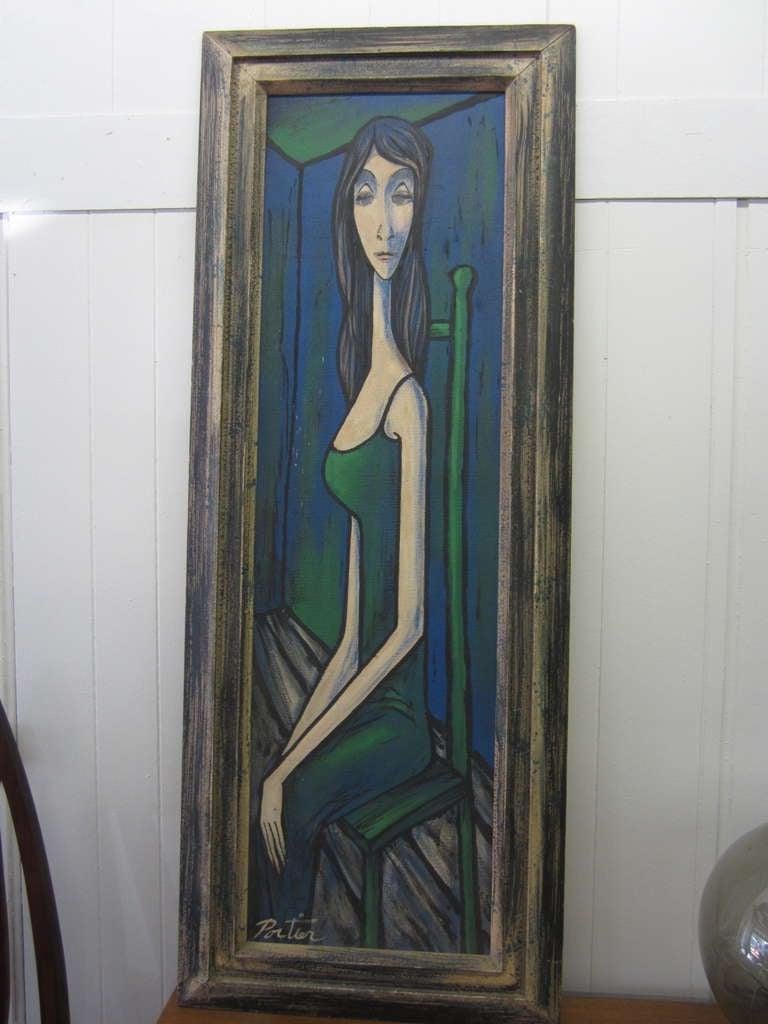 Large Scale Mid-Century Modern Oil Painting Blue Lady in Chair Portier For Sale 1