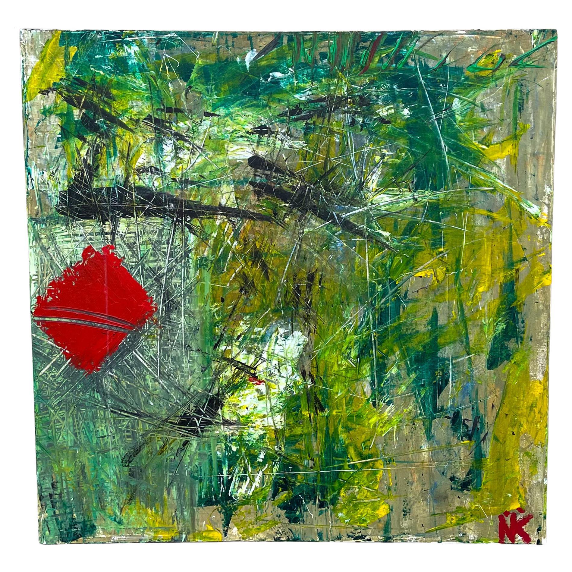 Modern art is wonderful for updating any decor! This is a large scale modern abstract signed oil painting completed by Scottish American born Nikki in 1972. It is textured with strong green, yellow and red colors.