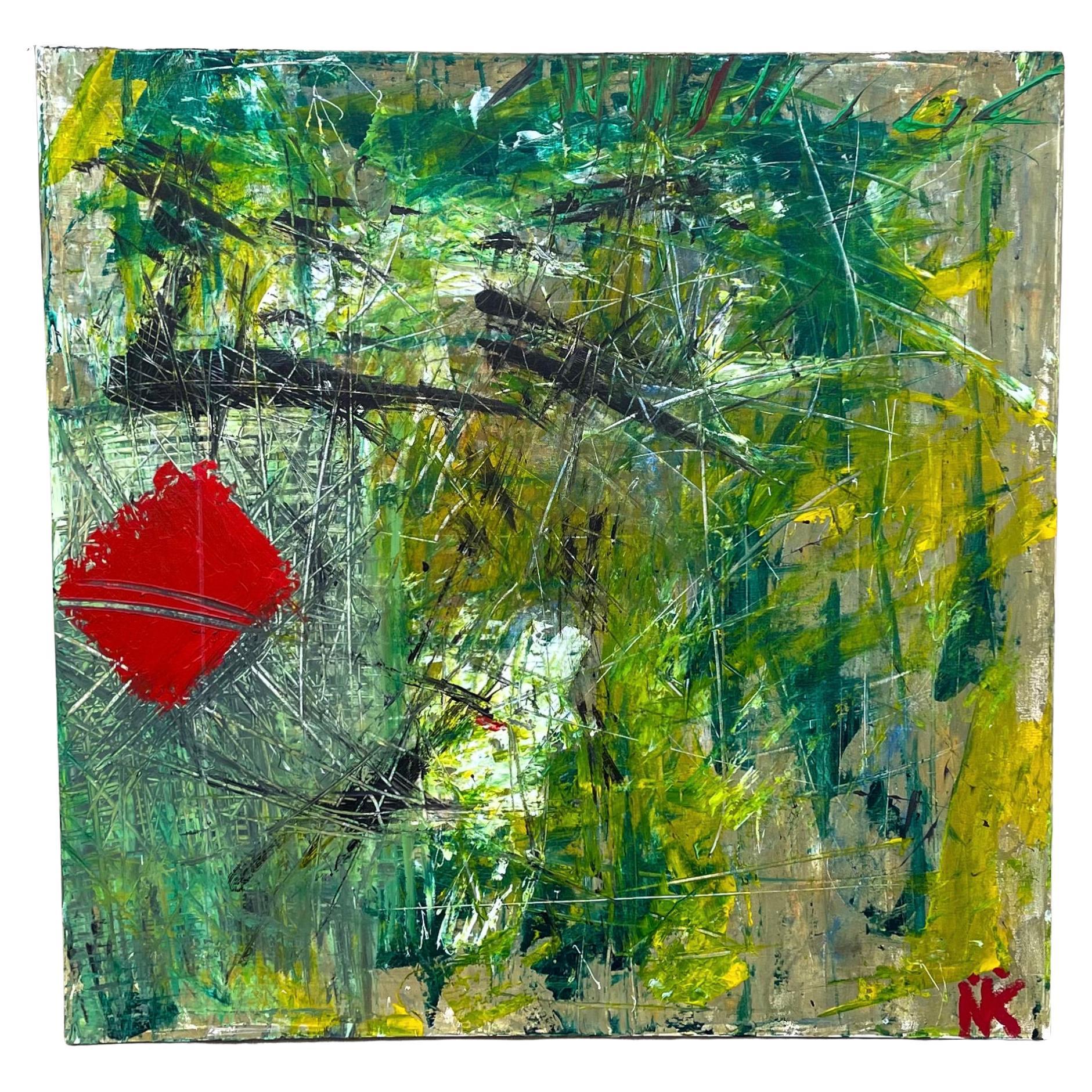 American Large Scale Mid-Century Modern Signed Abstract Oil On Canvas, Green /Red C.1972 For Sale