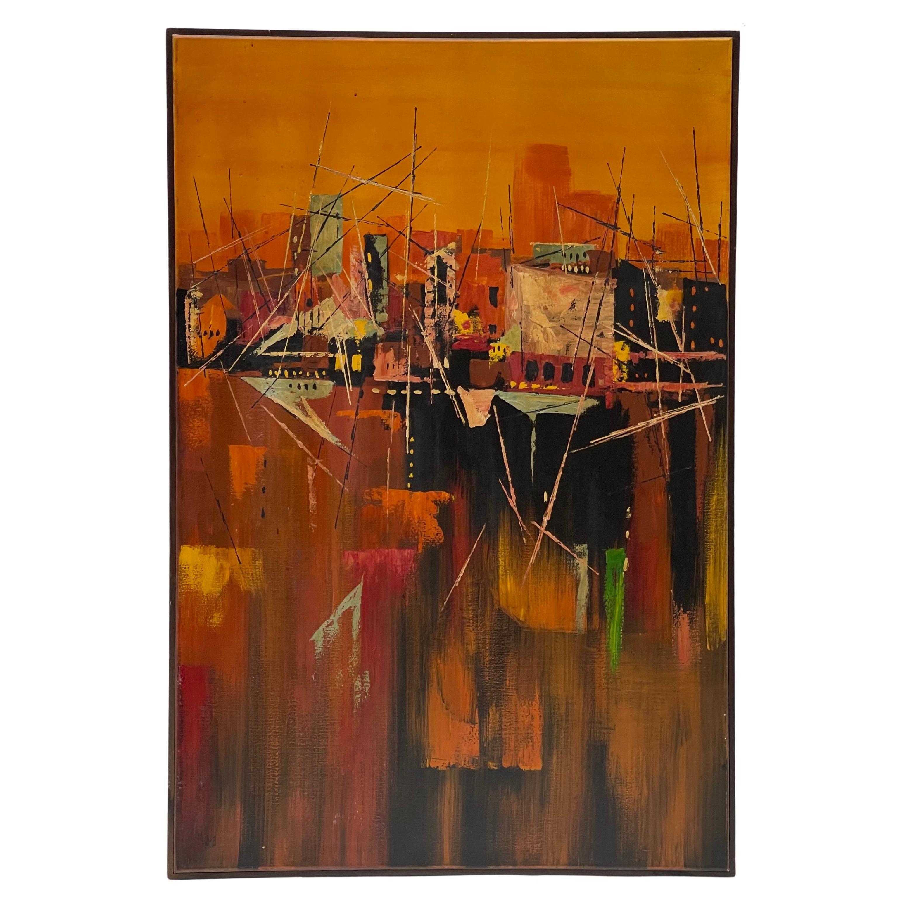 Olio su tela di grandi dimensioni con firma Mid-Century Modern Abstract Seascape