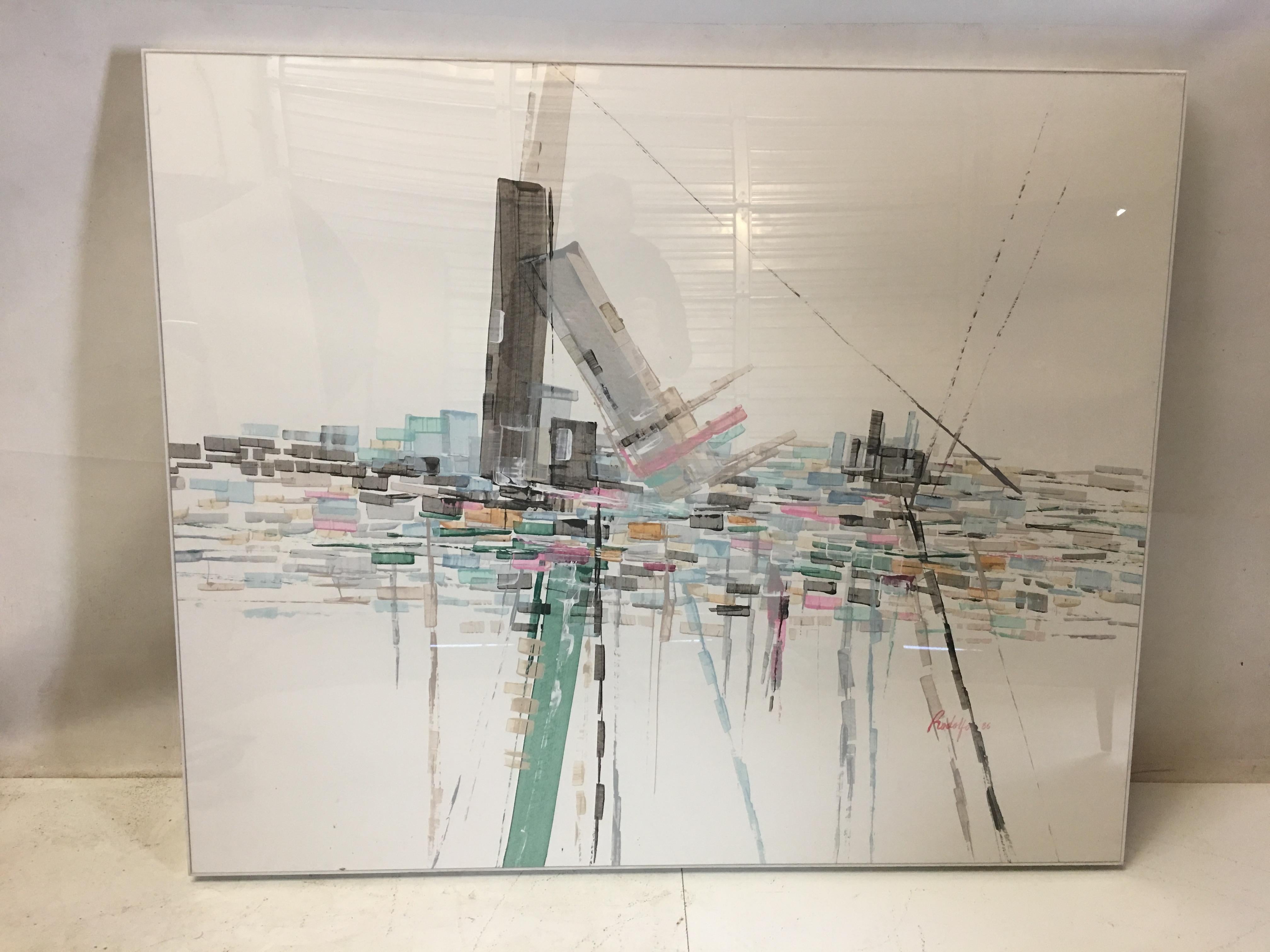 Beautiful watercolor abstract cityscape by Rodolfo, 1986. The work is beautifully framed in a white edged acrylic box-frame. Measures 48 x 40 x 2