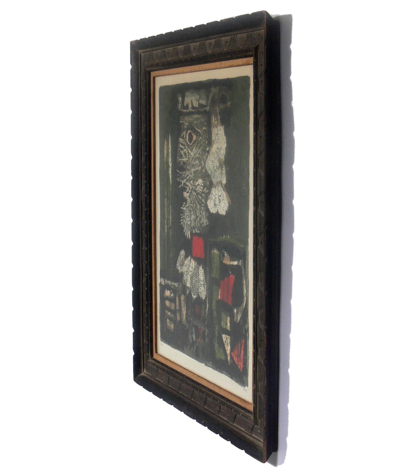 Large scale modernist lithograph, circa 1960s, by well listed Spanish artist Antoni Clave (1913-2006). Pencil signed and numbered from a very limited edition 60/99. Retains wonderful period carved wood frame. Clave's works are held in the