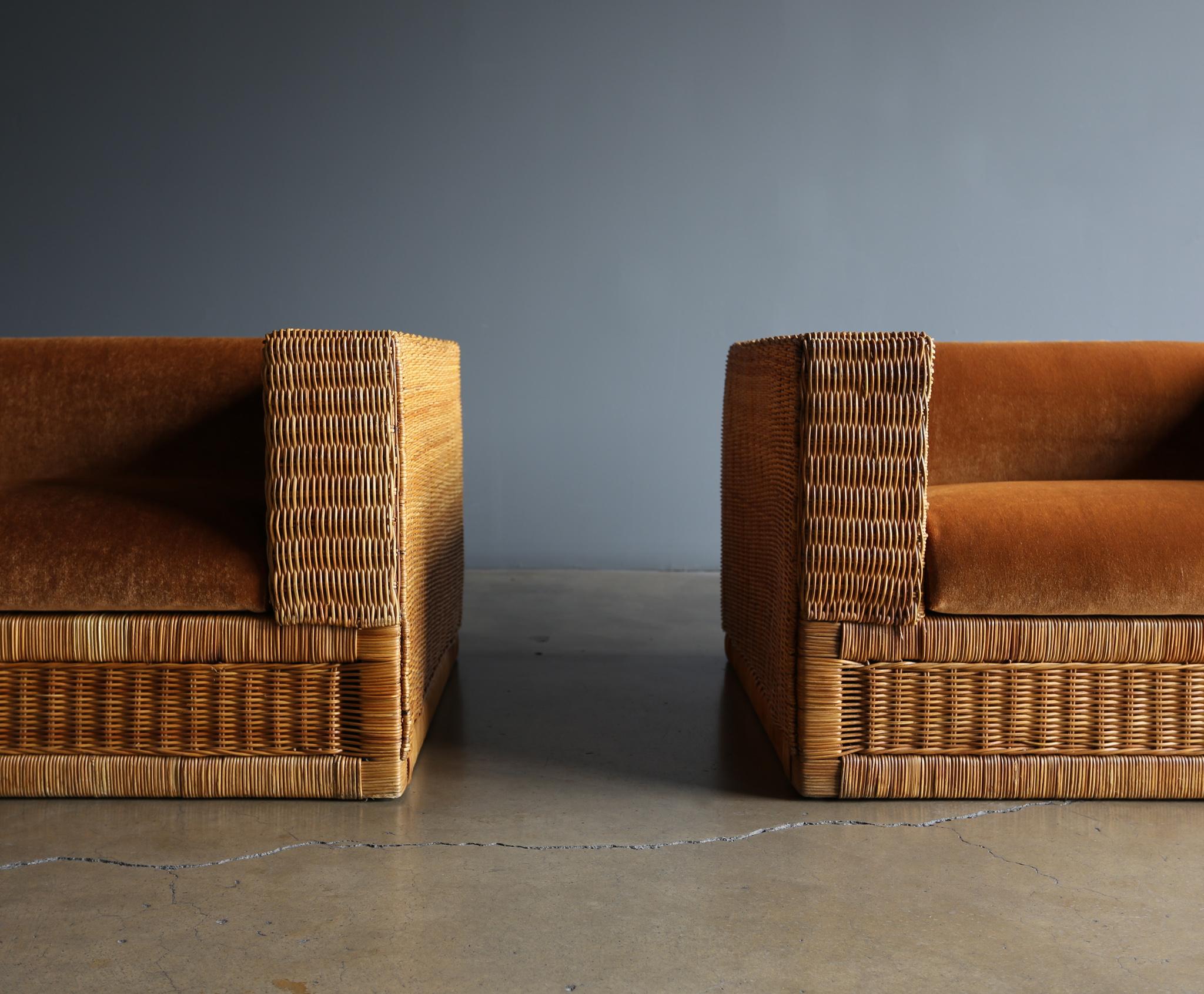 Large Scale Modernist Wicker & Mohair Lounge Chairs, circa 1965 6