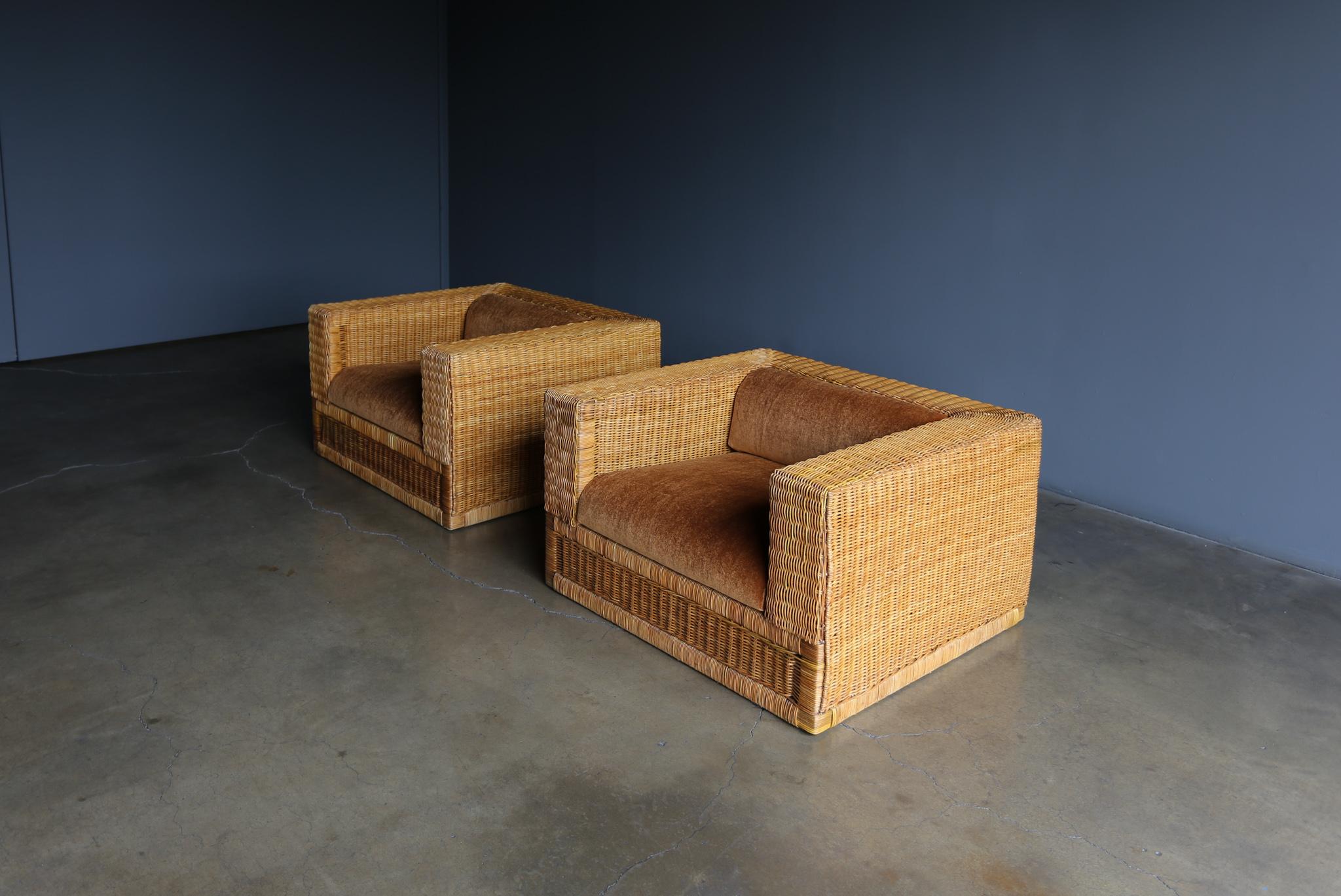 Large Scale Modernist Wicker & Mohair Lounge Chairs, circa 1965 8
