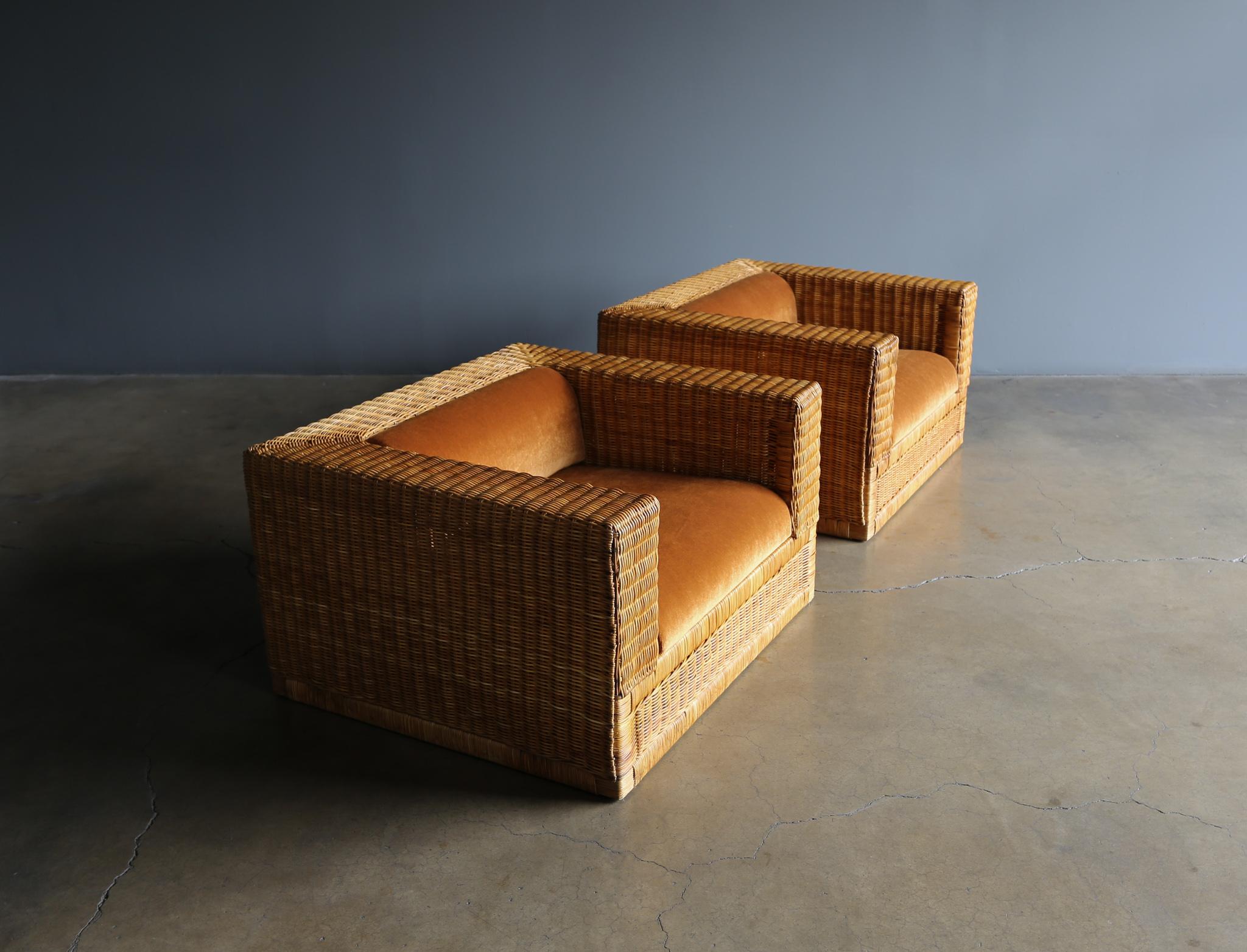 Large Scale Modernist Wicker & Mohair Lounge Chairs, circa 1965 9