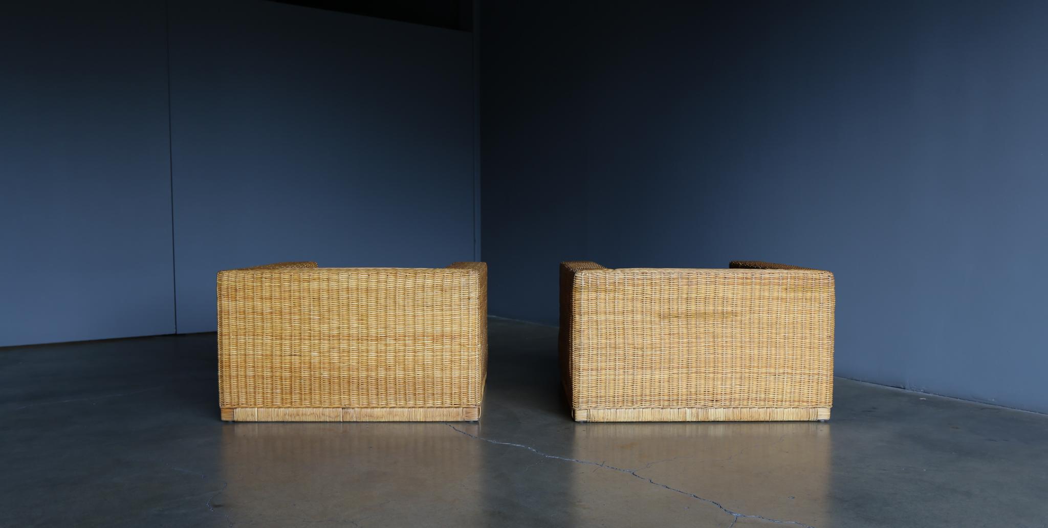 Large Scale Modernist Wicker & Mohair Lounge Chairs, circa 1965 12