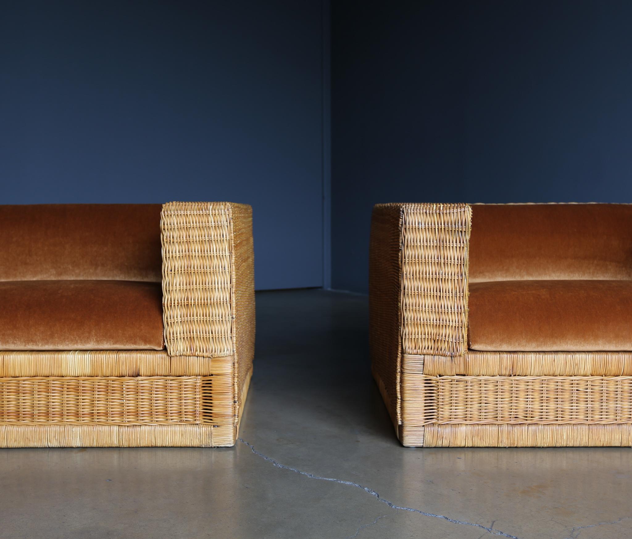 American Large Scale Modernist Wicker & Mohair Lounge Chairs, circa 1965