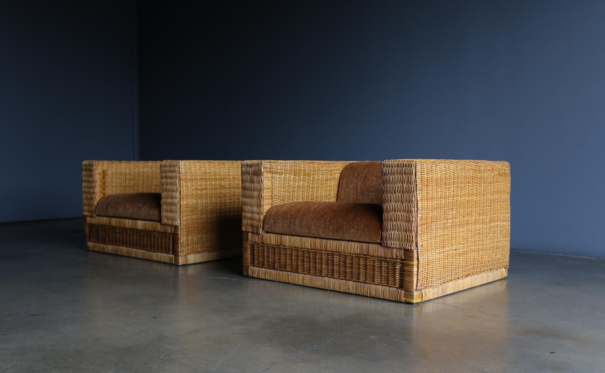 Large Scale Modernist Wicker & Mohair Lounge Chairs, circa 1965 In Good Condition In Costa Mesa, CA