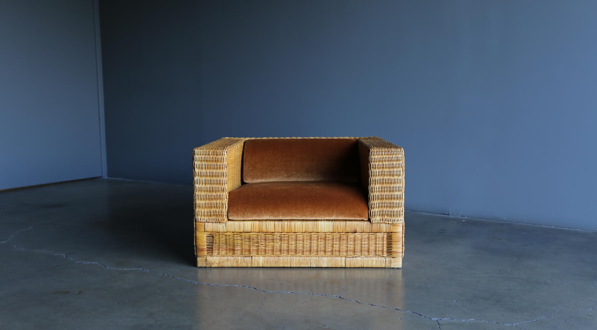 20th Century Large Scale Modernist Wicker & Mohair Lounge Chairs, circa 1965