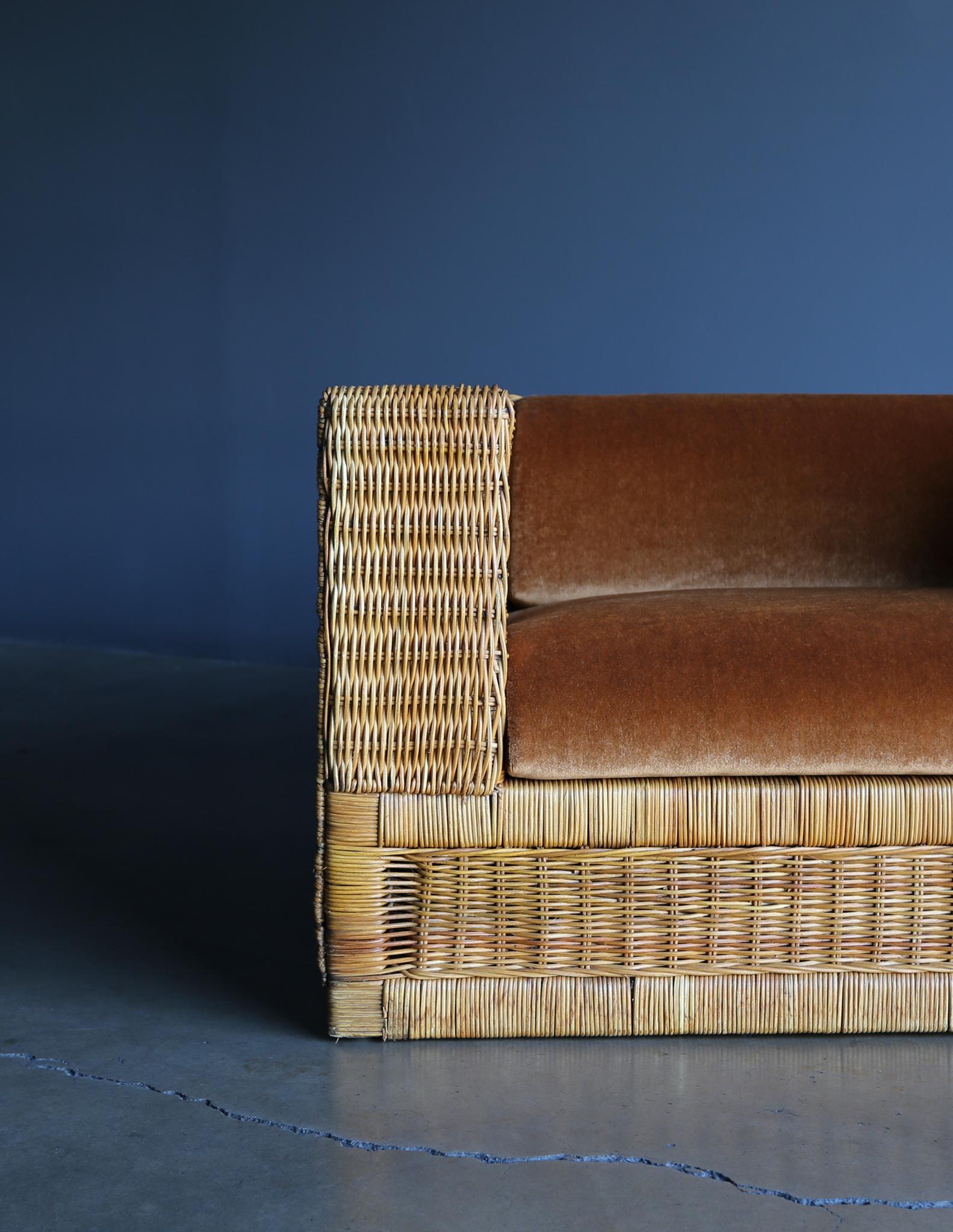 Large Scale Modernist Wicker & Mohair Lounge Chairs, circa 1965 1