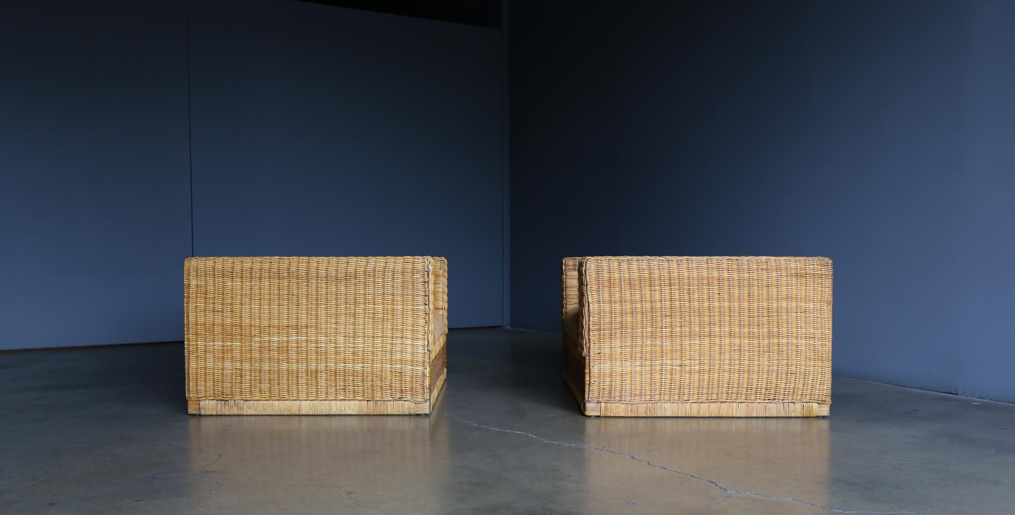 Large Scale Modernist Wicker & Mohair Lounge Chairs, circa 1965 2