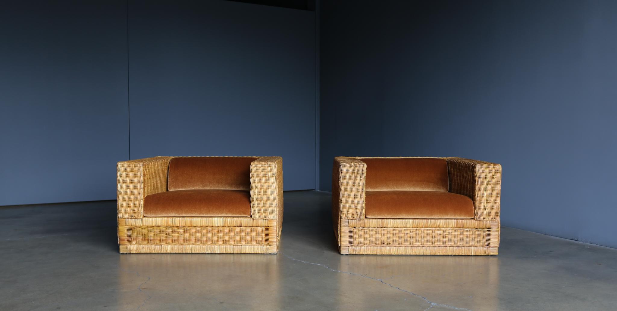 Large Scale Modernist Wicker & Mohair Lounge Chairs, circa 1965 3