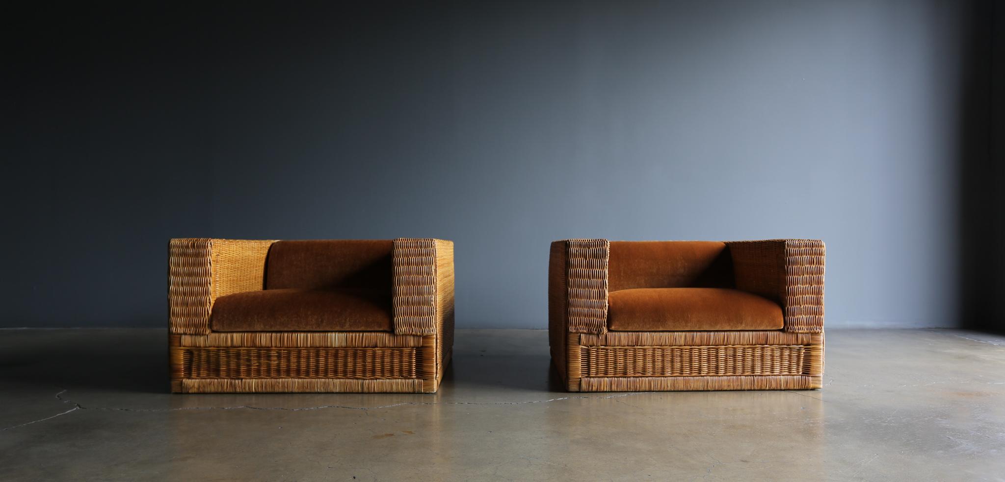 Large Scale Modernist Wicker & Mohair Lounge Chairs, circa 1965 4