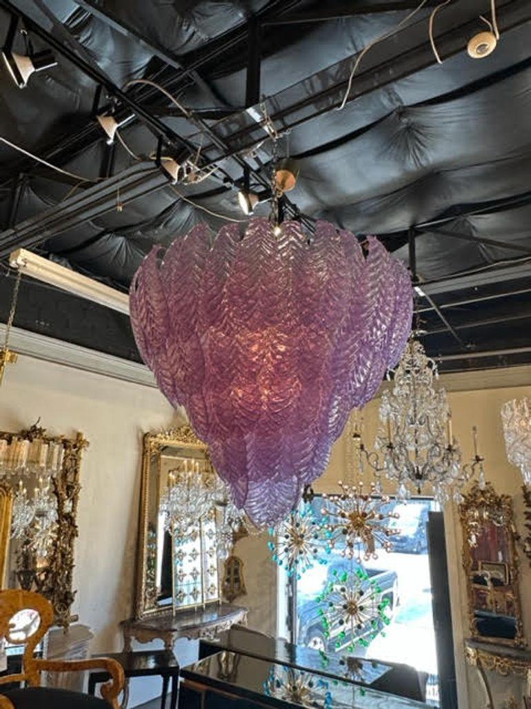 Stunning large scale fuchsia colored Murano leaf form waterfall chandelier. Makes a huge presence! So impressive!