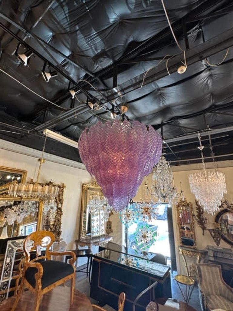 Italian Large Scale Murano Fuchsia Colored Leaf Form Waterfall Chandelier For Sale