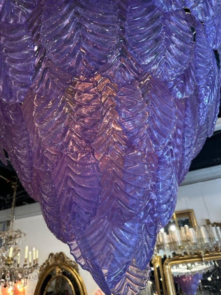 Large Scale Murano Fuchsia Colored Leaf Form Waterfall Chandelier For Sale 1
