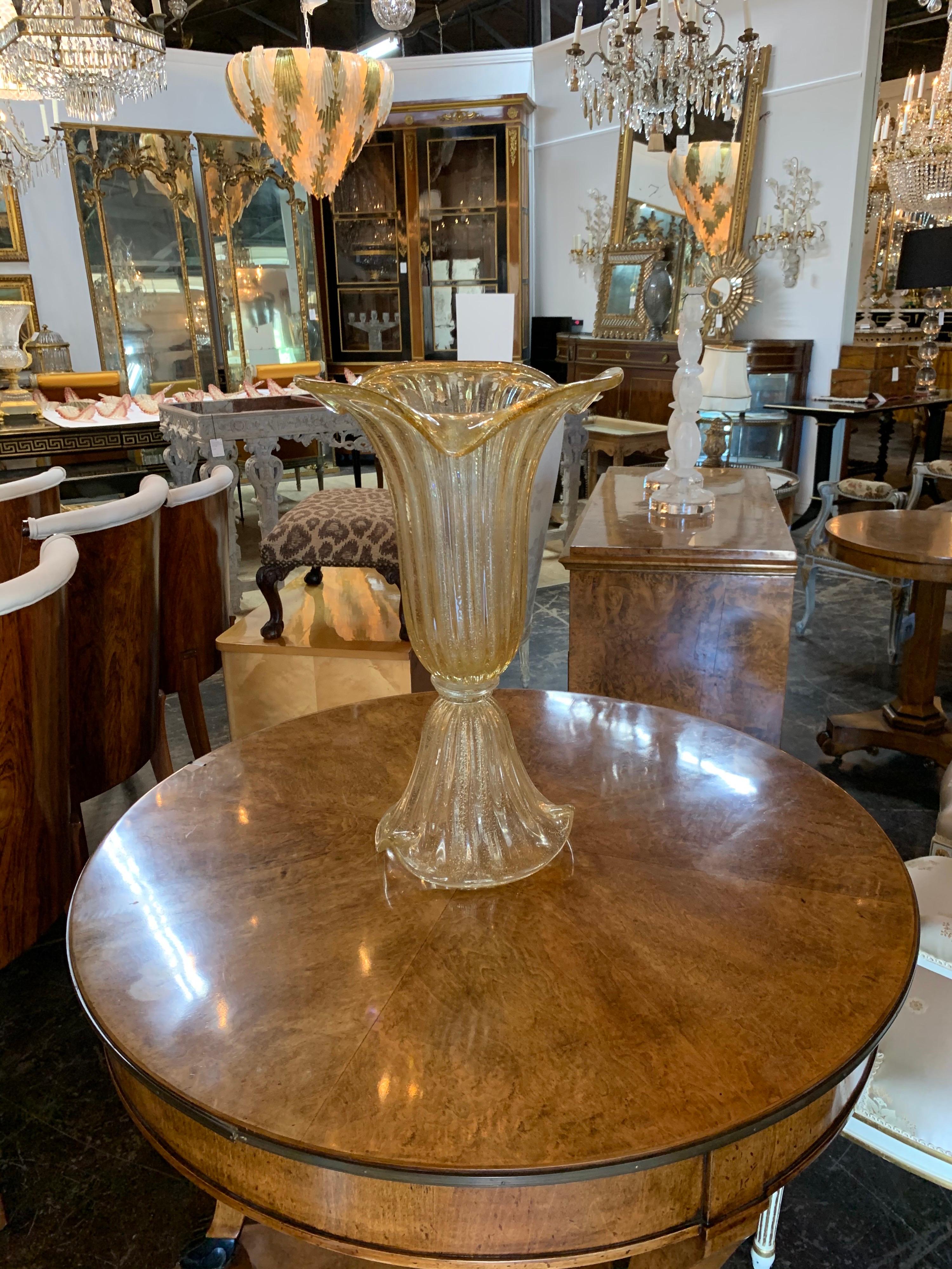 Amazing large scale Murano glass tulip vase. The piece has beautiful gold flecks and a fantastic scale and shape. Exquisite!!