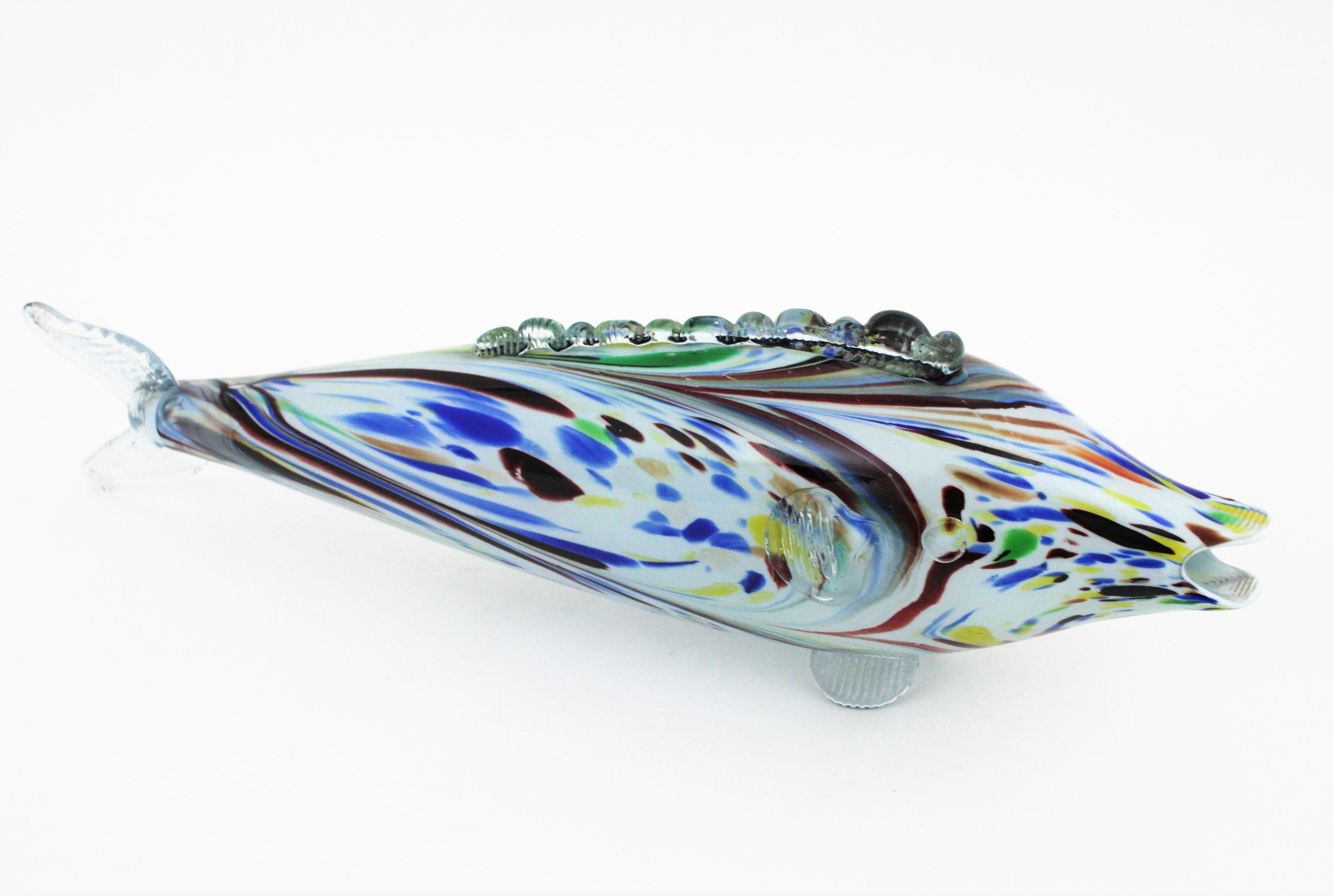 Italian Large Scale Murano Glass Multicolor Fish Sculpture For Sale