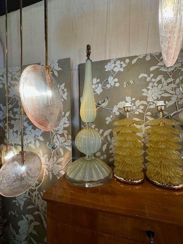 Gorgeous opalescent and gold Murano lamp on a Lucite base. Creates a designer look! Nice! Circa 1970
38h x 13w