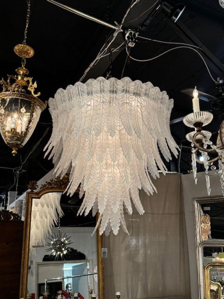 Gorgeous large scale modern Murano palm leaf waterfall chandelier in frost glass. Circa 2000 The chandelier has been professionally rewired, comes with matching chain and canopy. It is ready to hang! 48