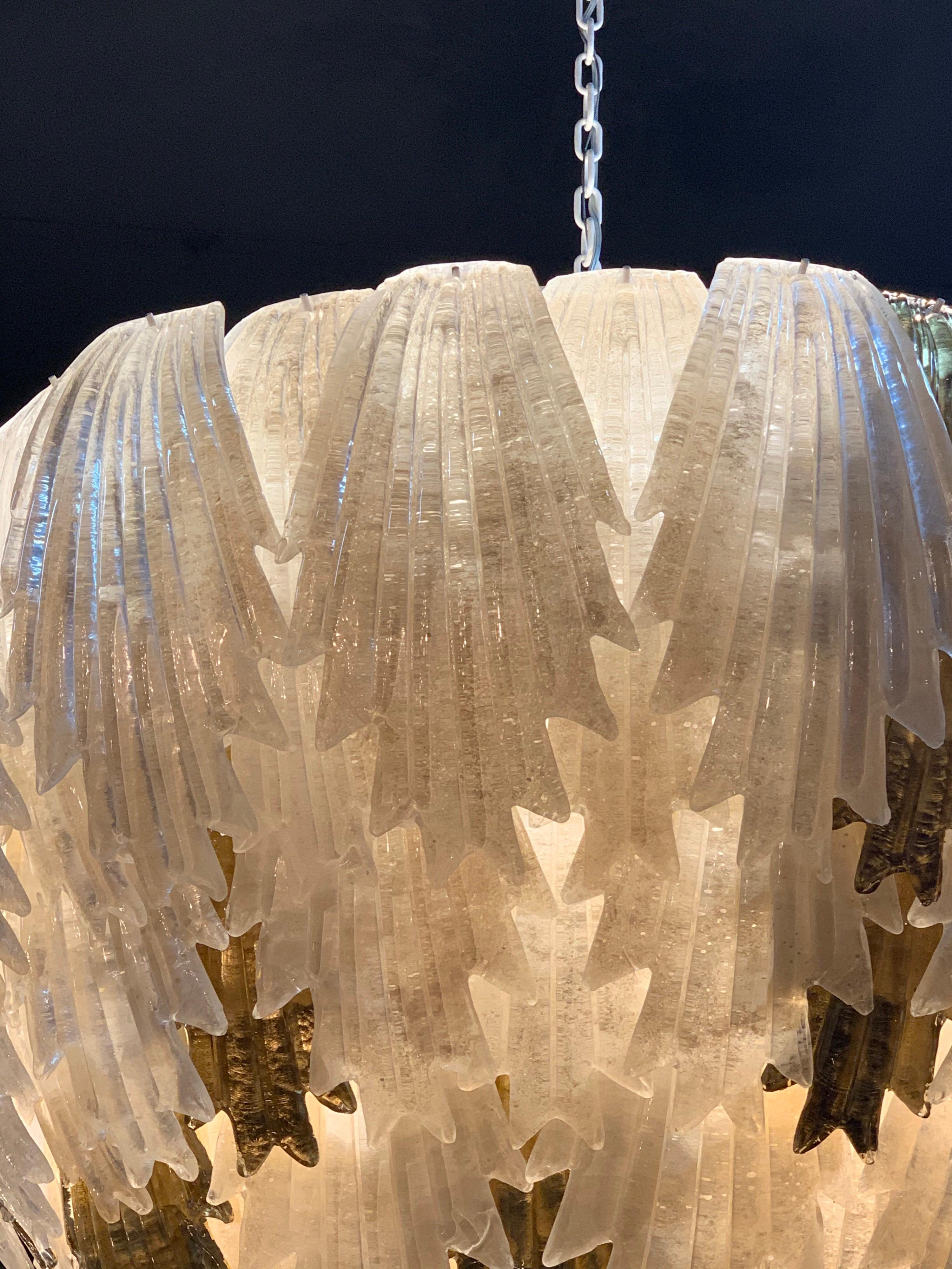 Large Scale Murano White and Gold Glass Leaf Form Waterfall Chandelier In Good Condition For Sale In Dallas, TX