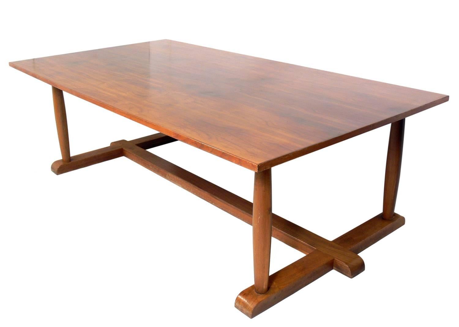 Large-scale neoclassical dining table, probably American, circa 1950s. Measuring an impressive 7.5 feet x 4 feet, it would work well as a dining table, conference table, or library table.