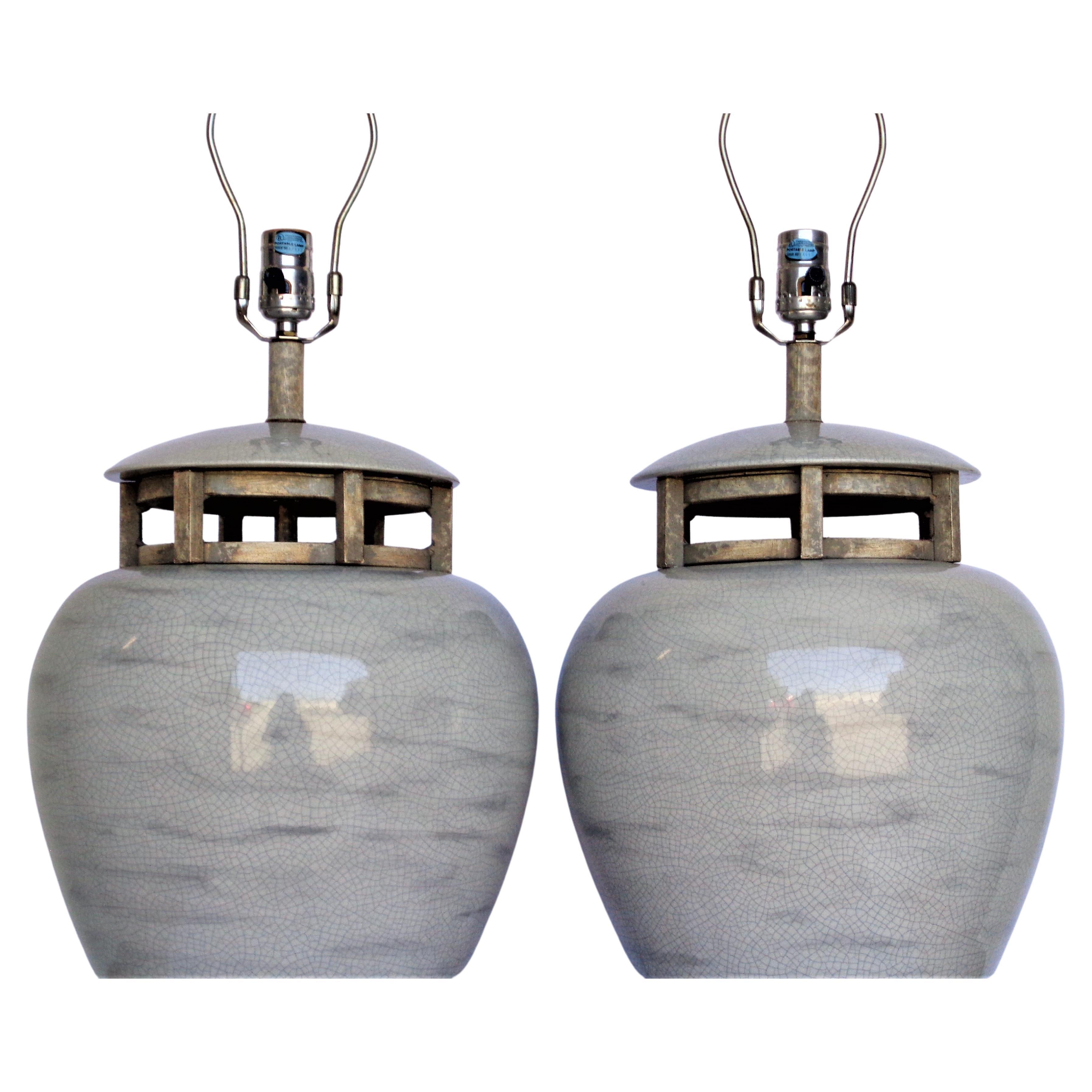 Large Scale Neoclassical Modern Crackle Glazed Ceramic Table Lamps, 1970's In Good Condition In Rochester, NY
