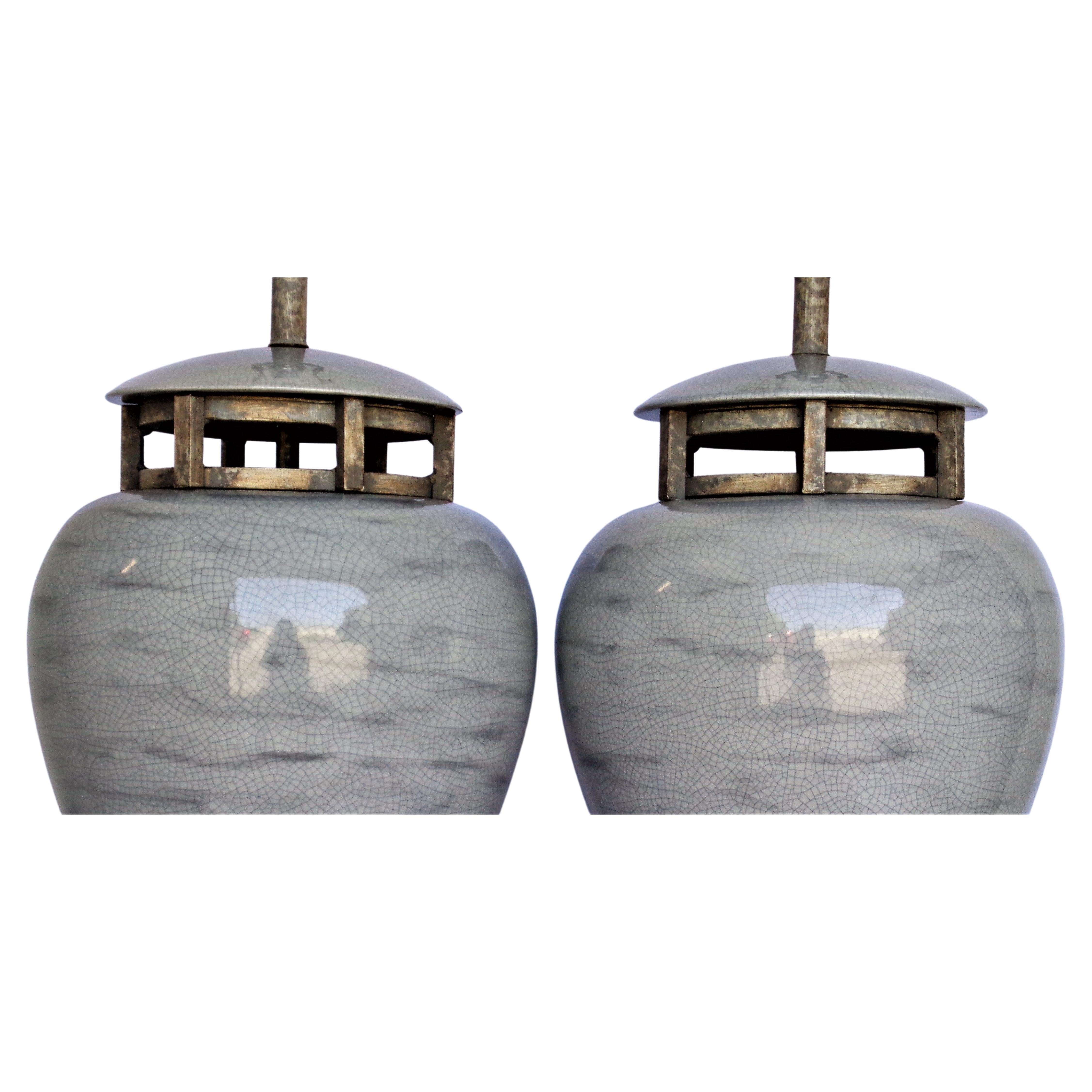 20th Century Large Scale Neoclassical Modern Crackle Glazed Ceramic Table Lamps, 1970's
