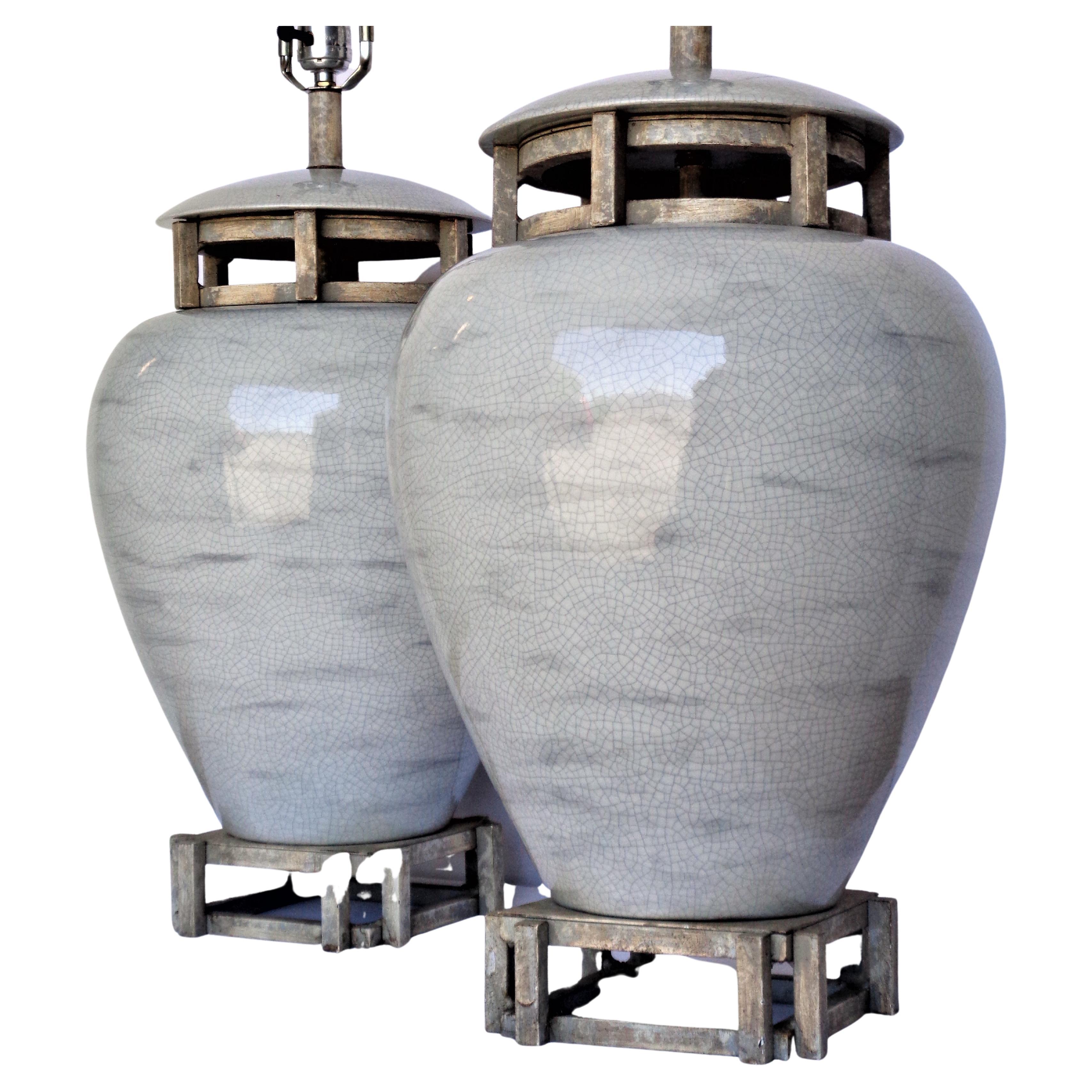 Wood Large Scale Neoclassical Modern Crackle Glazed Ceramic Table Lamps, 1970's