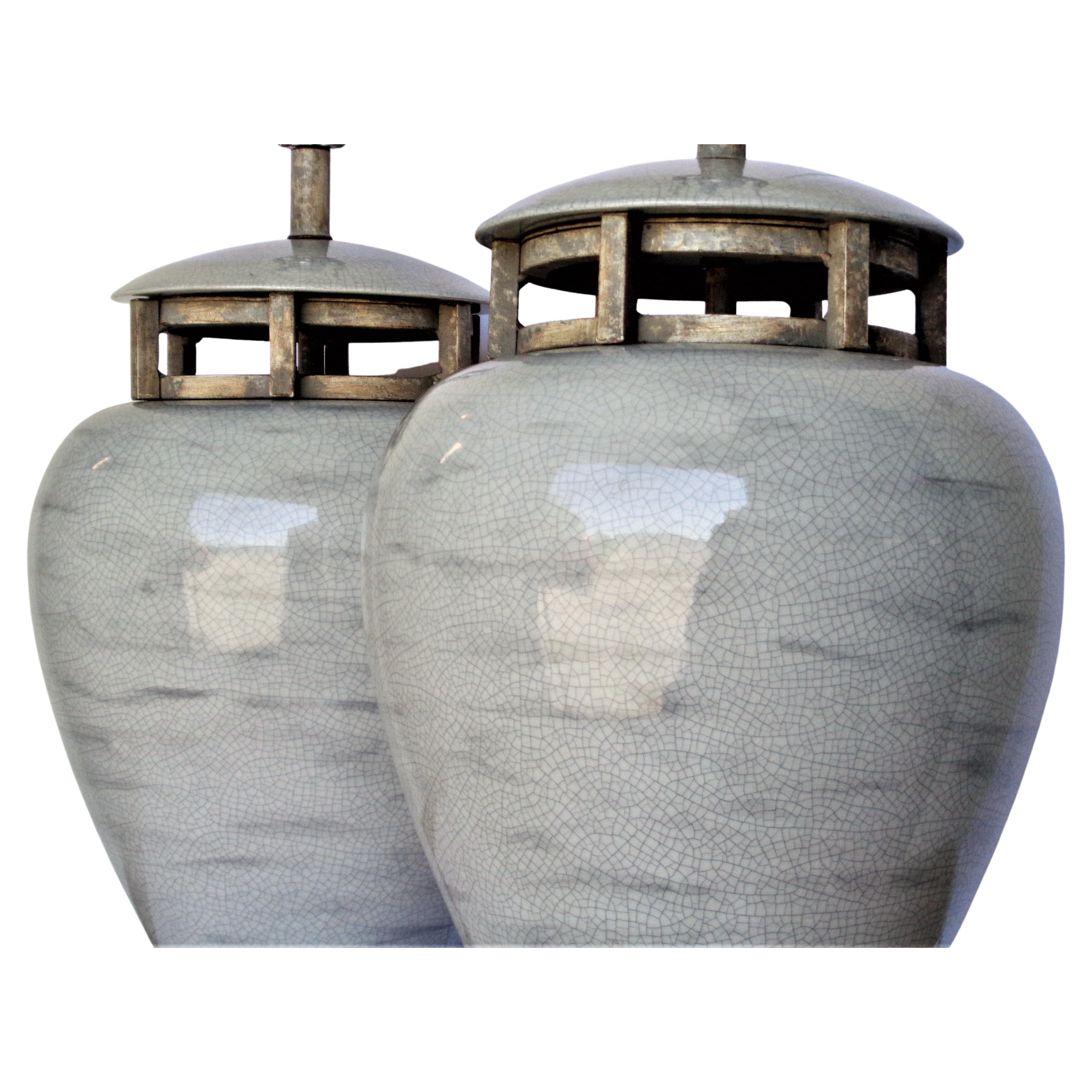 Large Scale Neoclassical Modern Crackle Glazed Ceramic Table Lamps, 1970's 2