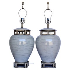 Large Scale Neoclassical Modern Crackle Glazed Ceramic Table Lamps, 1970's