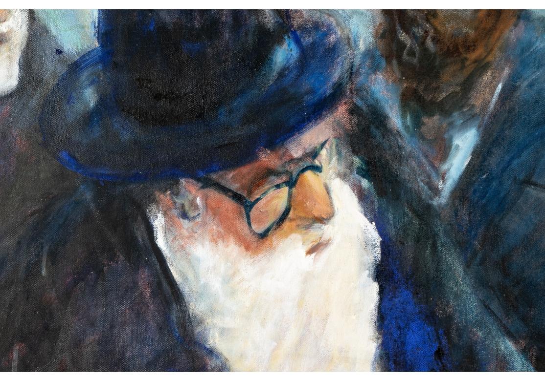 Fünf bärtige Rabbiner mit Hüten sitzen an einem Tisch mit Büchern. Sie werden von einer Frau in Gelb und mit einem Hut besucht. Offensichtlich unsigniert. 

Abmessungen: 48 x 64