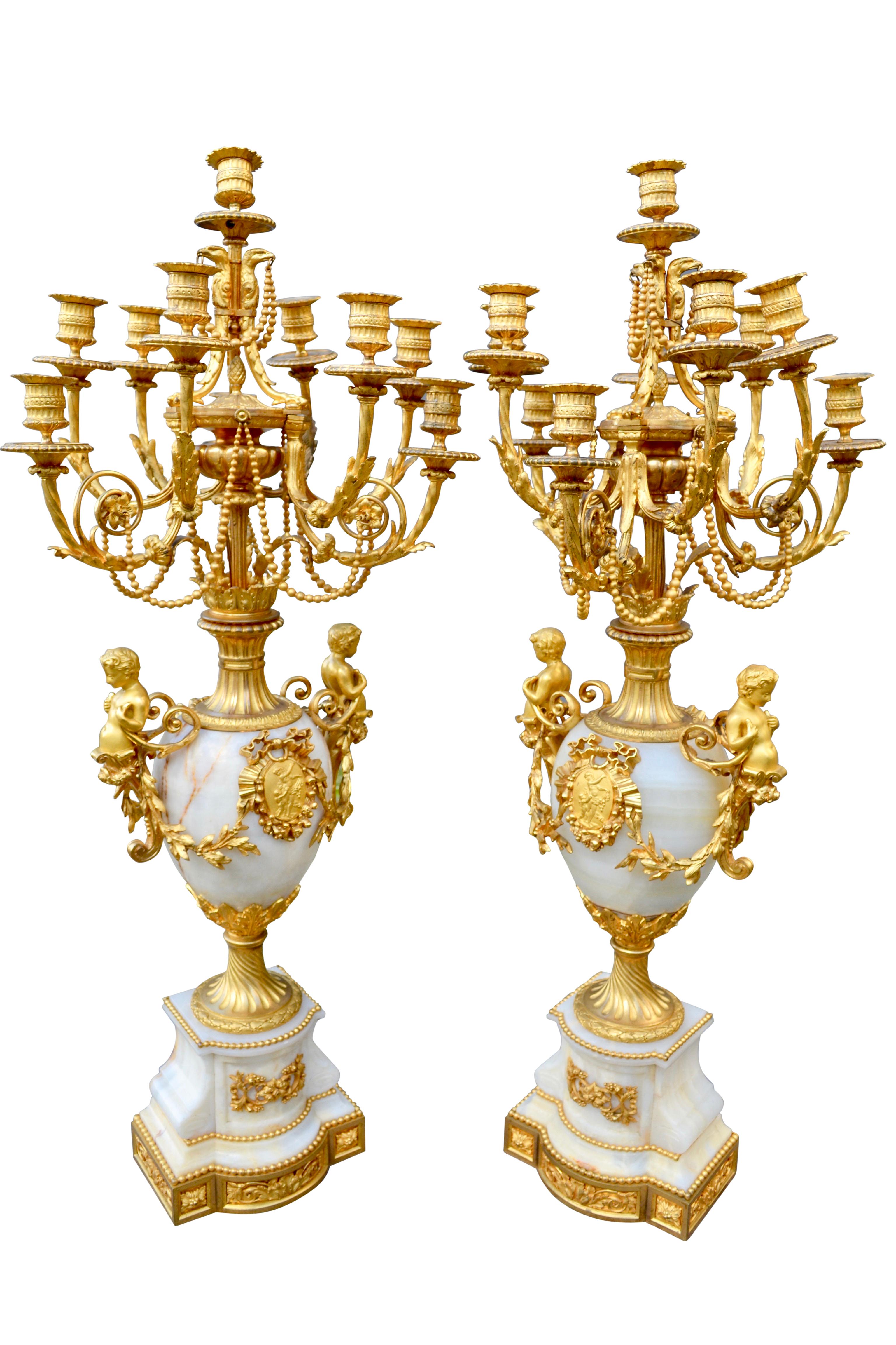 Carved Palatial Scale Onyx and Gilt Bronze Napoleon III Candelabra For Sale