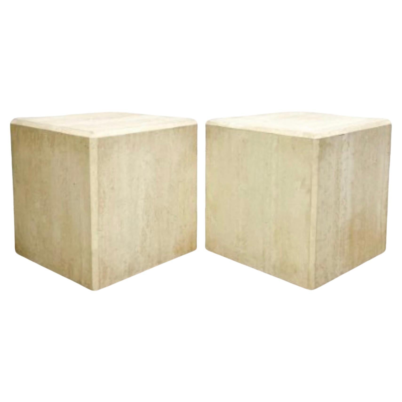 Large Scale Organic Modern Travertine Stone Side Or End Tables / Pedestals -Pair For Sale