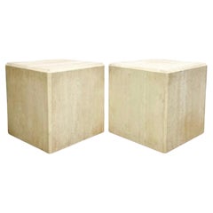 Vintage Large Scale Organic Modern Travertine Stone Side Or End Tables / Pedestals -Pair