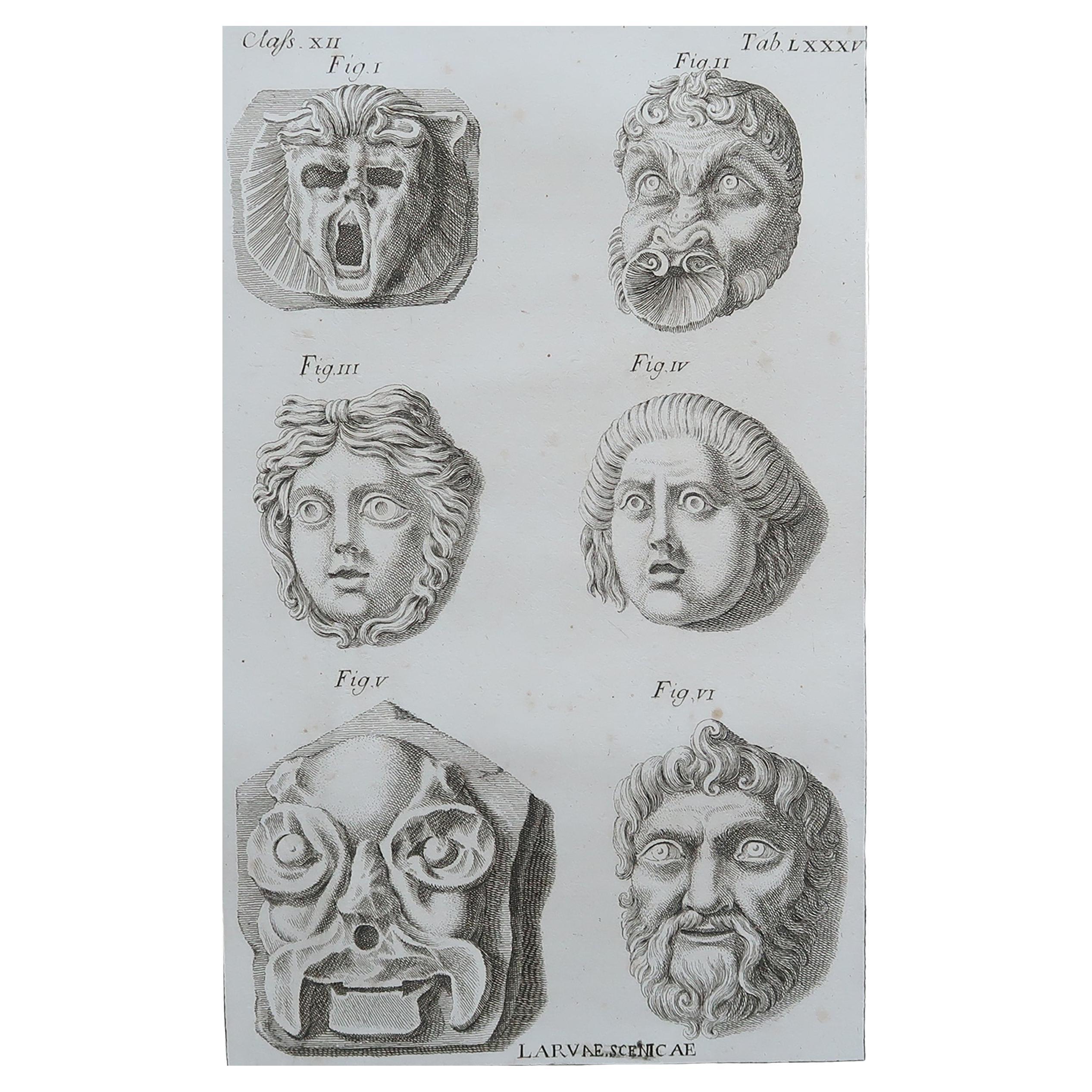 Grabado Gran Recorrido Original Antiguo a Gran Escala - Máscaras grotescas. Roma, 1776