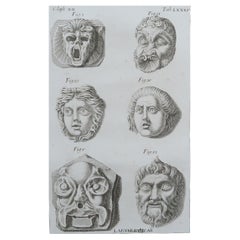Grabado Gran Recorrido Original Antiguo a Gran Escala - Máscaras grotescas. Roma, 1776